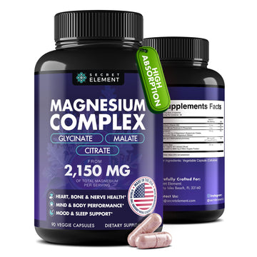 Magnesium Complex 2,150MG, High Absorption Capsules with Magnesium Glycinate, Citrate & Malate, Plus Vitamin B6, B2, Folate & Beet Root, Vegan, Non-GMO, No Artificial Additives, 90 Capsules Secret Element uk supplements