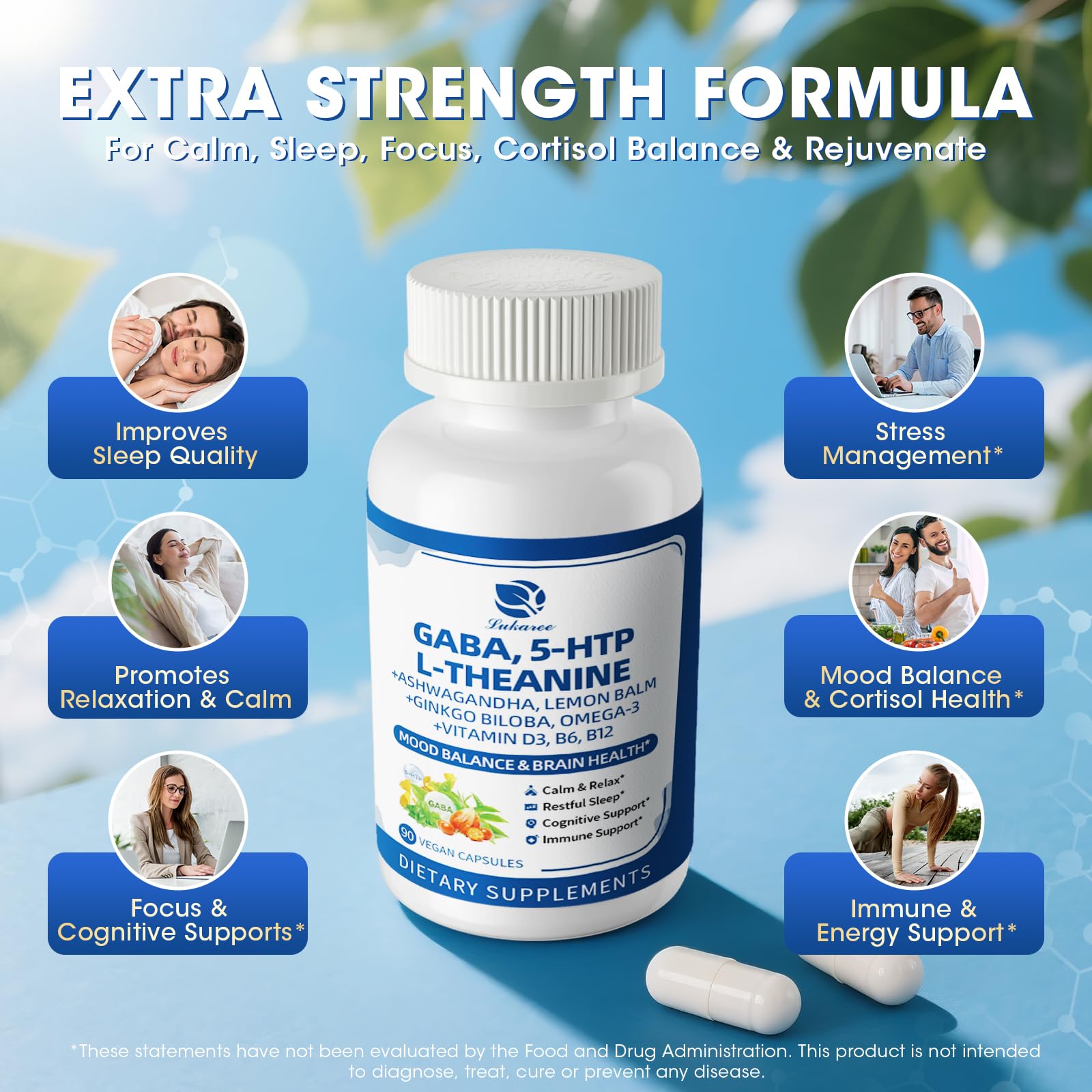 GABA Supplements 750mg with L Theanine, 5HTP, Ashwagandha, Lemon Balm, Ginkgo Biloba, Omega-3, 10 in 1 GABA Calm Capsules for Sleep, Relaxation, Focus, Mood Support, Cortisol Balance - 90CT Lukaree uk supplements