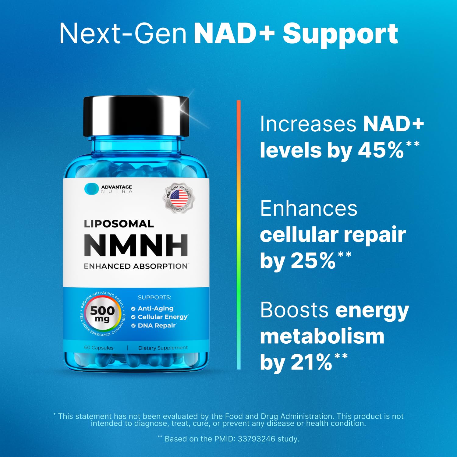 Liposomal NMNH 500 MG - NMN Supplement Alternative - NAD Supplements for Women & Men | Healthy Anti Aging - Cell Support for Energy, Focus & Skin - Advanced NAD+ Resveratrol 3-Party Tested | 1 Pack AdvantageNutra uk supplements