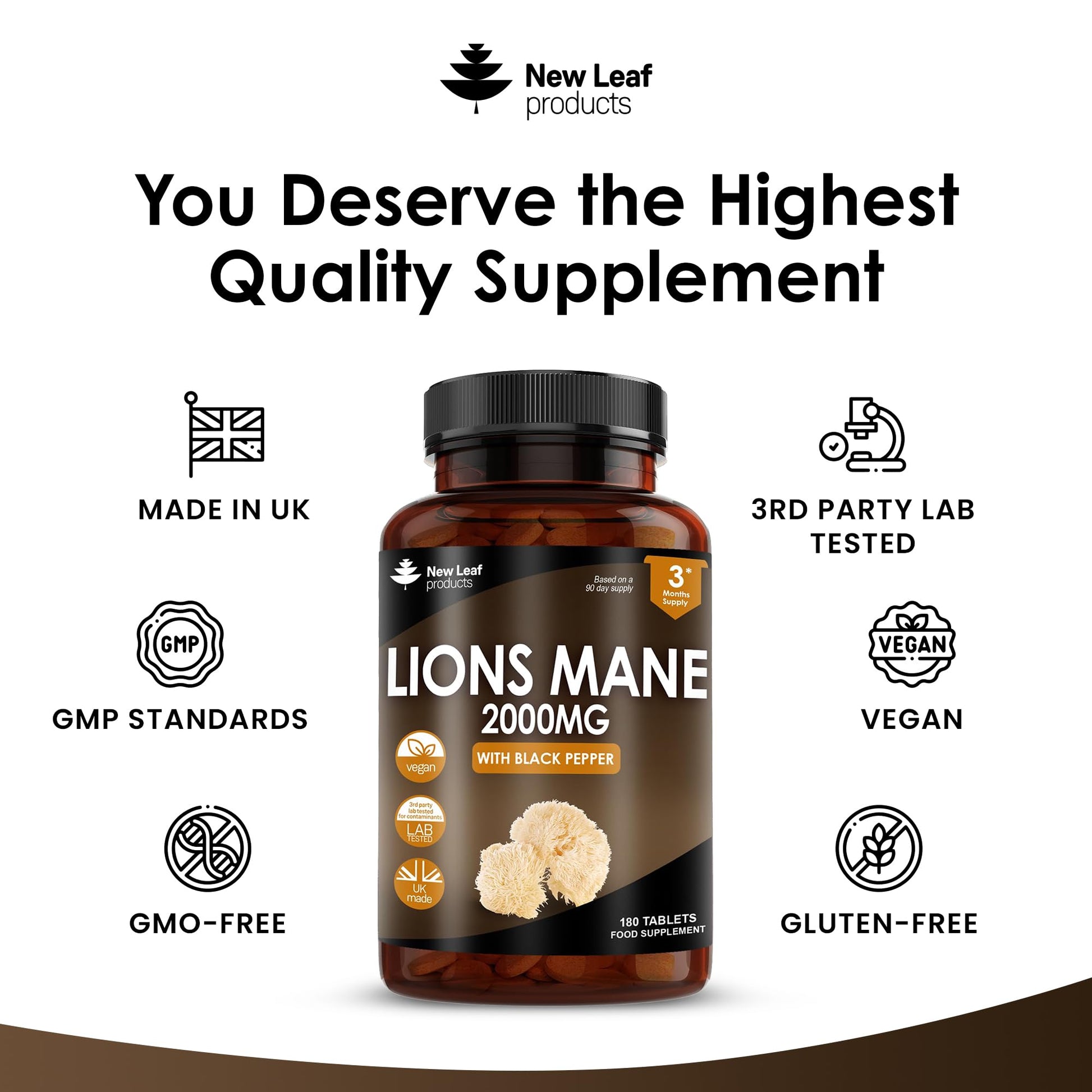 Lions Mane Mushroom Extract Supplement 2000mg - 180 High Strength Vegan Tablets NEW LEAF PRODUCTS uk supplements