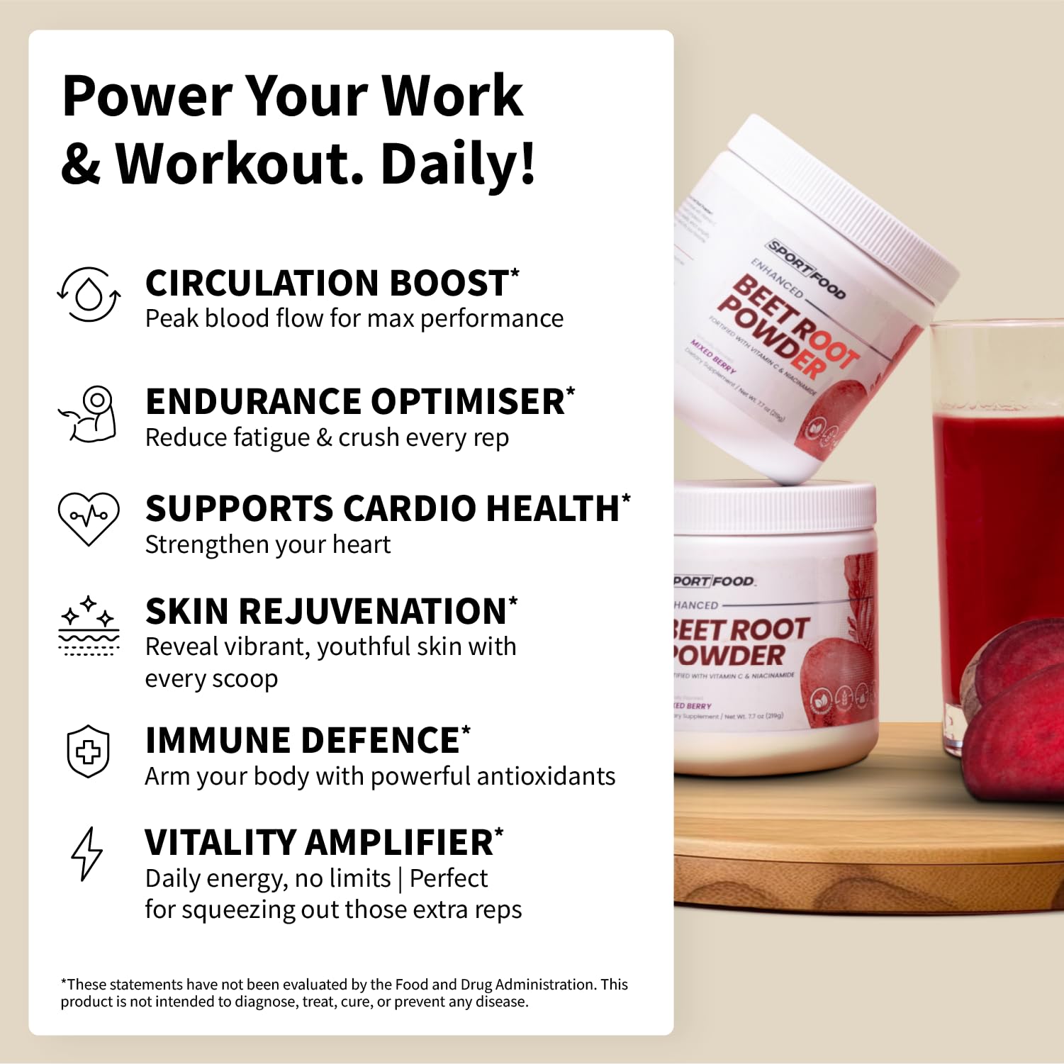 SPORTFOOD Beet Root Powder with Niacinamide & Vitamin C - Superfood for Circulation, Energy, & Stamina | Vegan, Non-GMO, Nitric Oxide Boost for Pre-Workout & Heart Health | Mixed Berry Flavor | 7.7oz Sport Food uk supplements