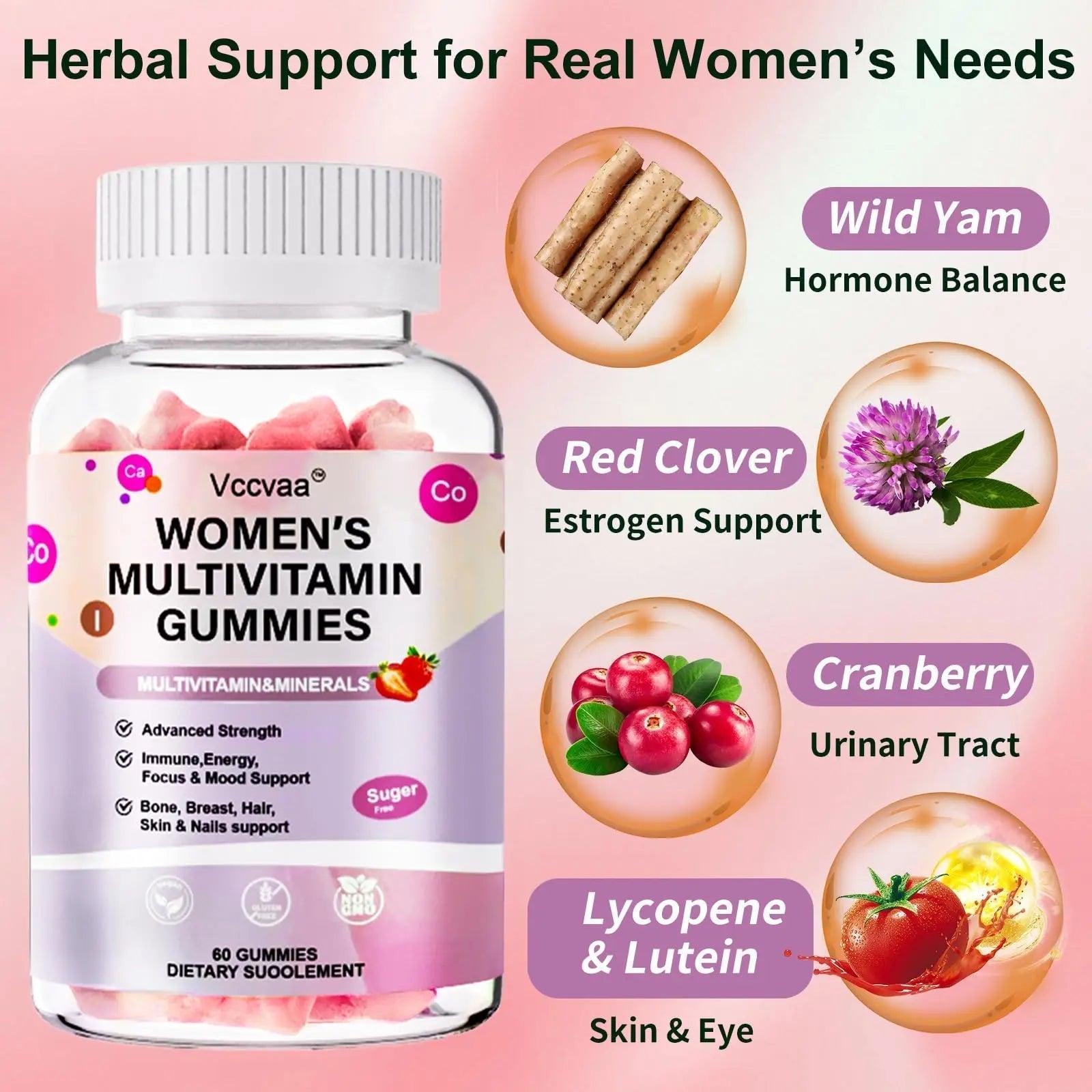 Vccvaa Sugar Free Multivitamin Gummies for Women 14+ with Iron, Inositol, Folate, Vitamins A C D3 E B12 K2, Herbal & Mineral Blend Vccvaa uk supplements