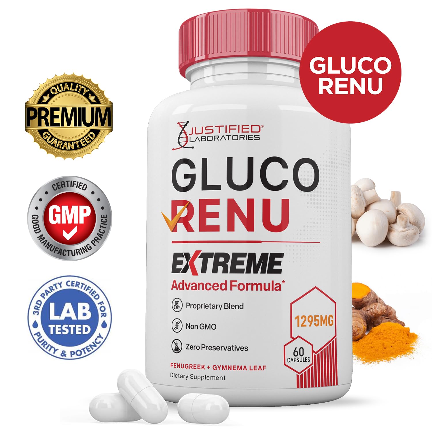 Gluco Renu Extreme 1295MG Glyco Support Pills Advacned Formula Gluo Renew Glycogen Support Formulated with Turmeric Berberine Resveratrol Garlic Bitter Melon Milk Thistle 60 Capsules Justified Laboratories uk supplements