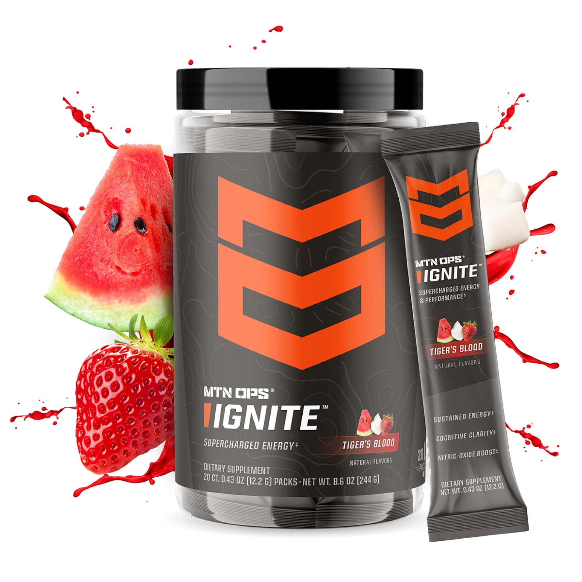 MTN OPS Ignite Trail Packs Energy Drink Powder, Gluten Free Nootropic Supplement Drink Mix, L Arginine, L Citrulline, Caffeine & Nootropic Sugar Free Drink Mix, 20 Servings, Tiger's Blood MTN OPS uk supplements