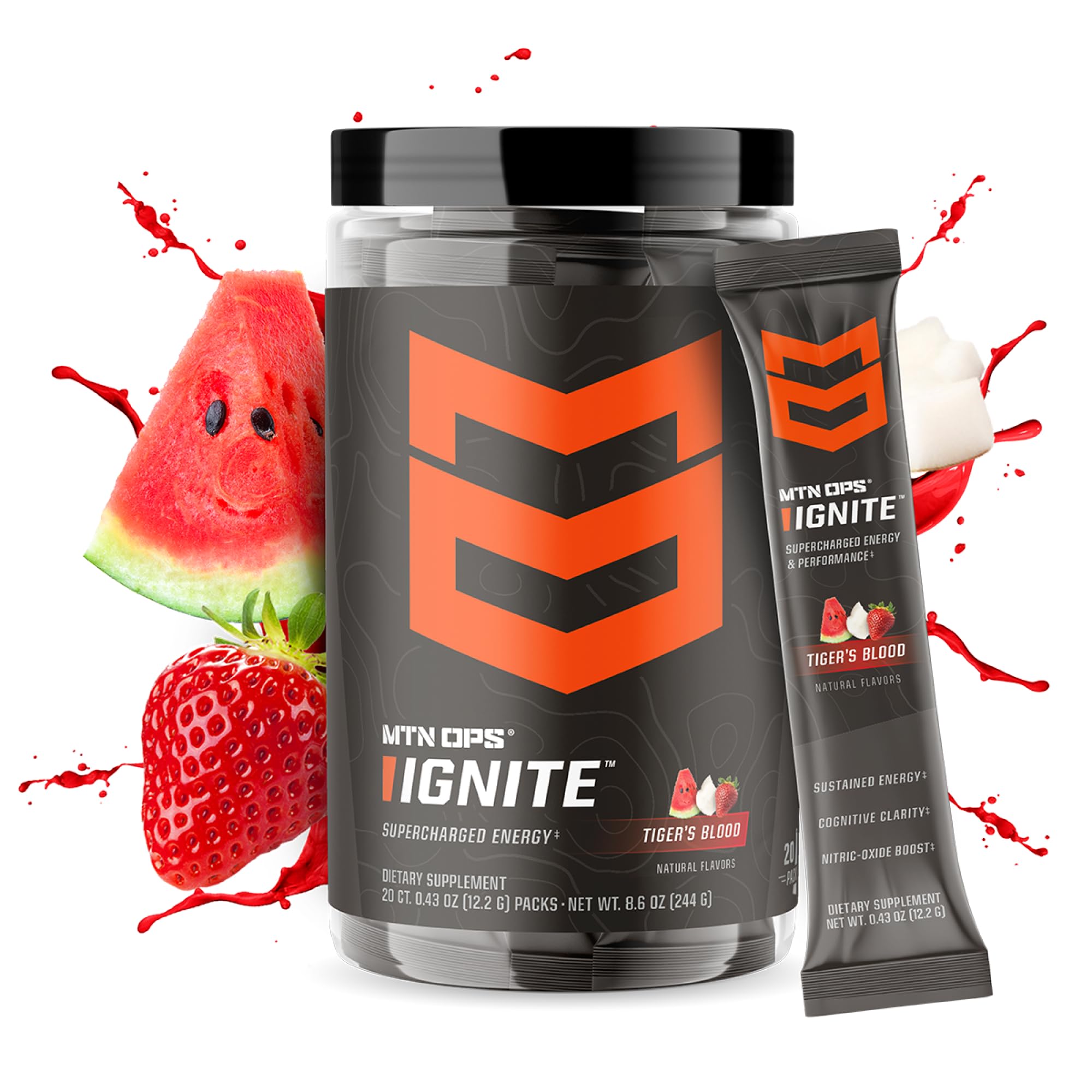 MTN OPS Ignite Trail Packs Energy Drink Powder, Gluten Free Nootropic Supplement Drink Mix, L Arginine, L Citrulline, Caffeine & Nootropic Sugar Free Drink Mix, 20 Servings, Tiger's Blood MTN OPS uk supplements