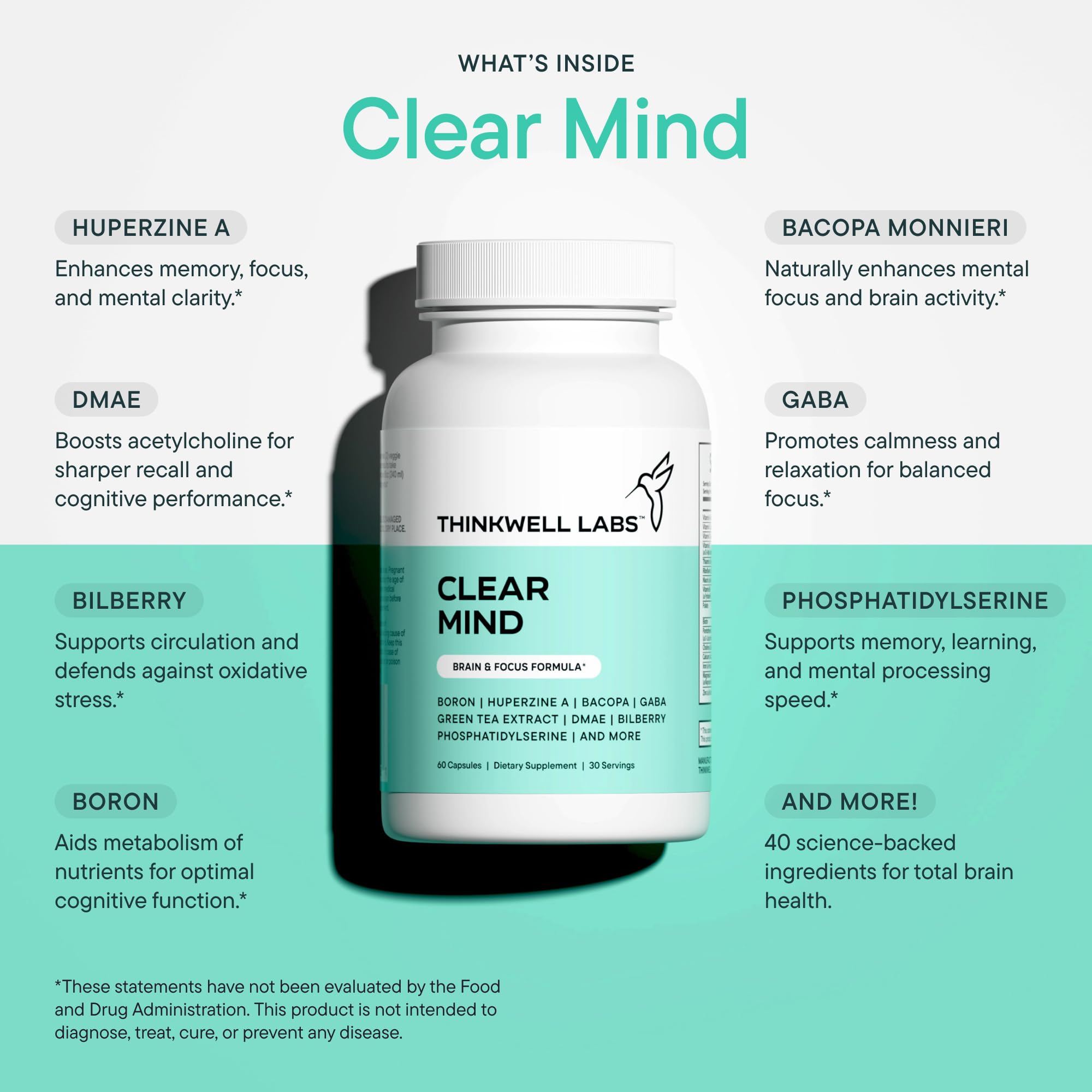 THINKWELL LABS Brain Supplements for Memory and Focus for Women and Men, Focus Supplement, Memory Supplement for Brain, Nootropic with Boron, Huperzine A, Phosphatidylserine (40-in-1, 60 Capsules) THINKWELL LABS uk supplements
