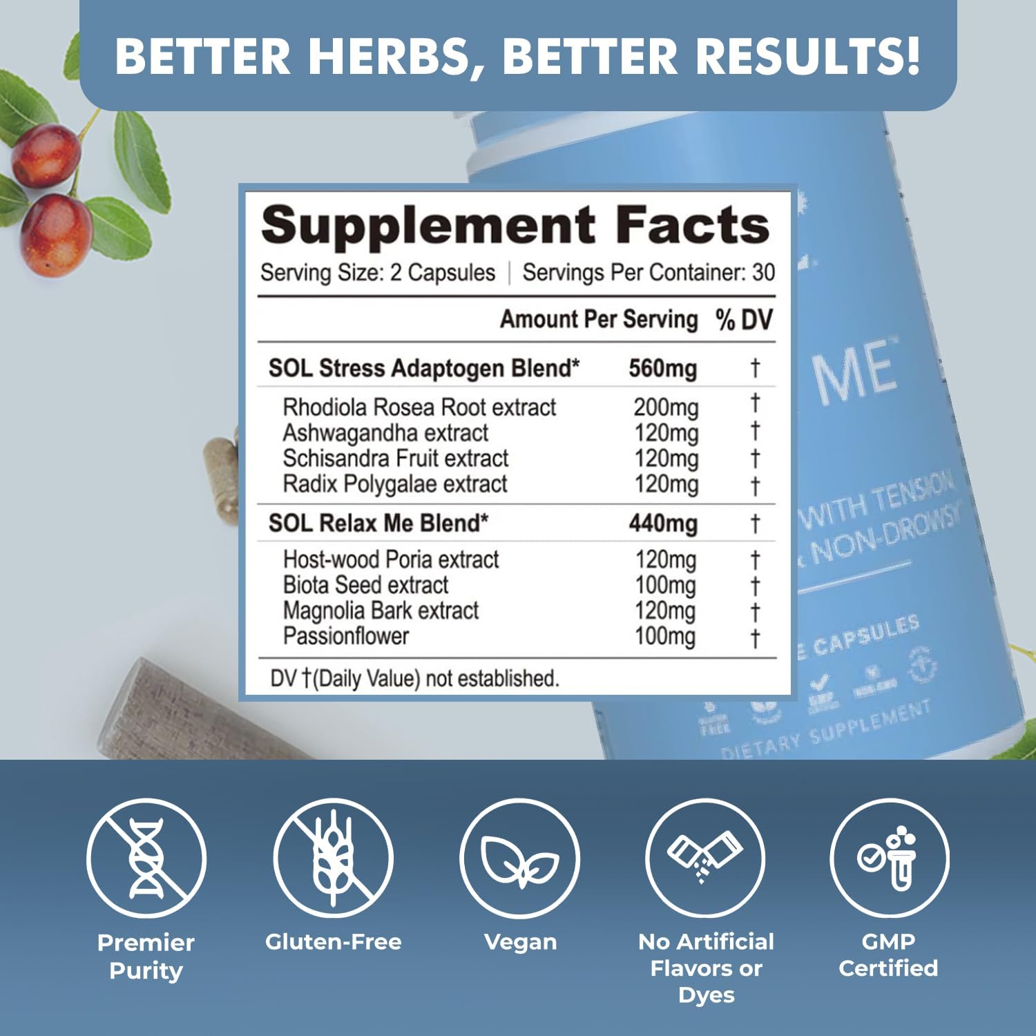 Sol Nutrition Relax Me - Natural Calming Relief for Stress, Tension, & Worry - 15x More Effective - Support Mood, Relax the Mind & Body - Supplements for Adults - Non-Drowsy - 60 Vegetarian Capsules Sol Nutrition uk supplements