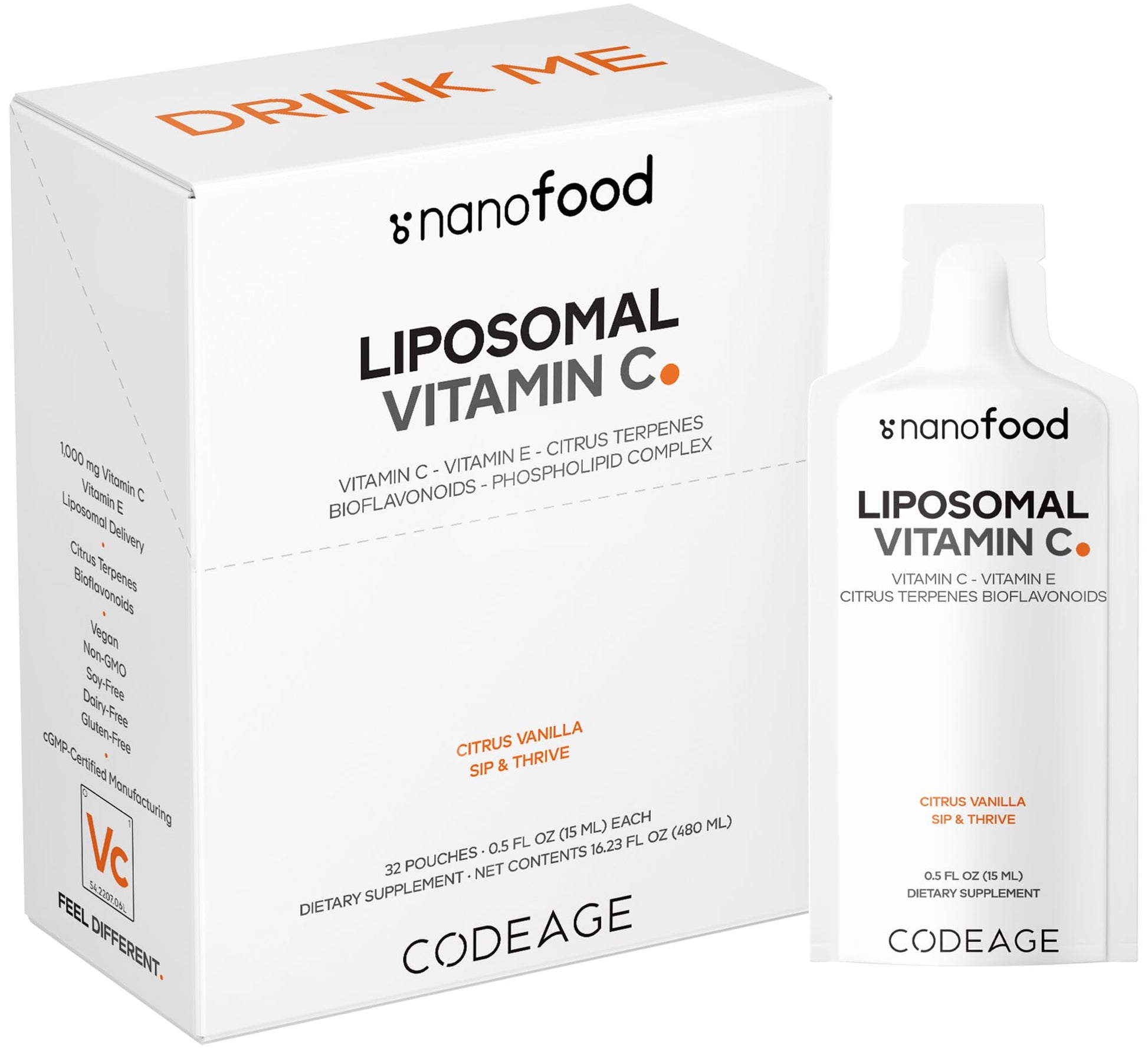 Codeage Liposomal Vitamin C Liquid 1000mg Vitamin C, 4000mg Essential Phospholipids, Supplement For Daily Immune Support, Liposomes For Absorption, Citrus Bioflavonoids, Vitamin E, Non-GMO, 32 Pouches Codeage uk supplements
