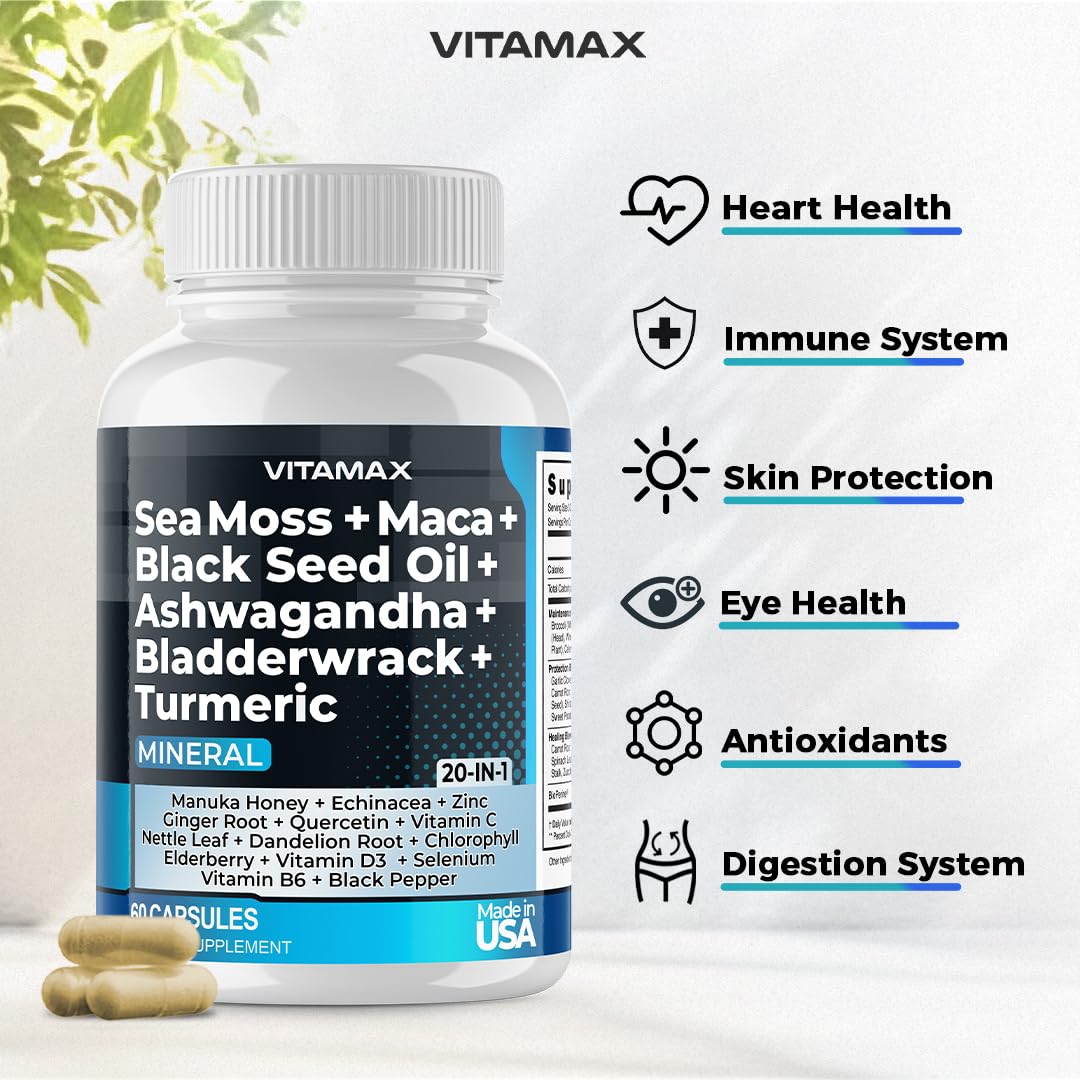 Sea Moss 3000mg Maca 1000mg Black Seed Oil 2000mg Ashwagandha 1000mg Bladderw Vitamax uk supplements