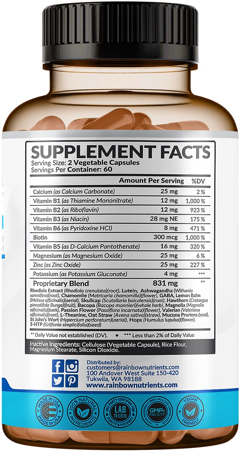 28 in 1 Calm Mood Support Supplement- Natural Happy Pills for Occasional Anxiousness & Stress, Worry feelings, Relaxation, Mental Clarity | Max Sleep & Mood Support for Women & Men|120 Vegan Capsules Rainbow Nutrients, LLC uk supplements
