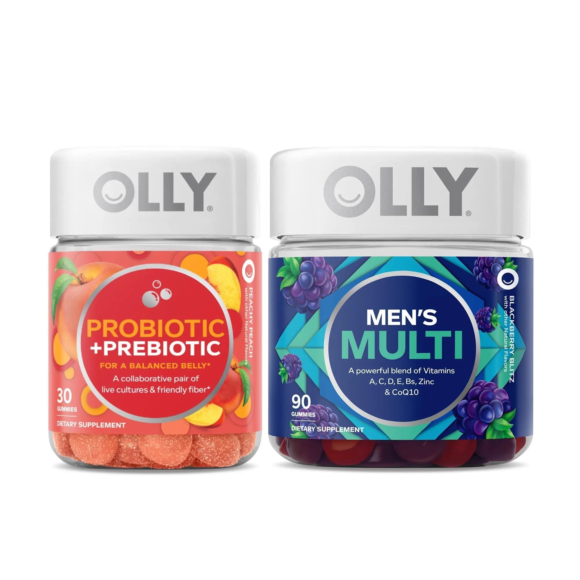 OLLY Probiotic + Prebiotic and Men’s Perfect Multi Starter Pack Bundle, Live Cultures & Friendly Fiber, Vitamins A, D, C, E, Bs, Zinc & CoQ1030, 30 and 90 Count OLLY uk supplements