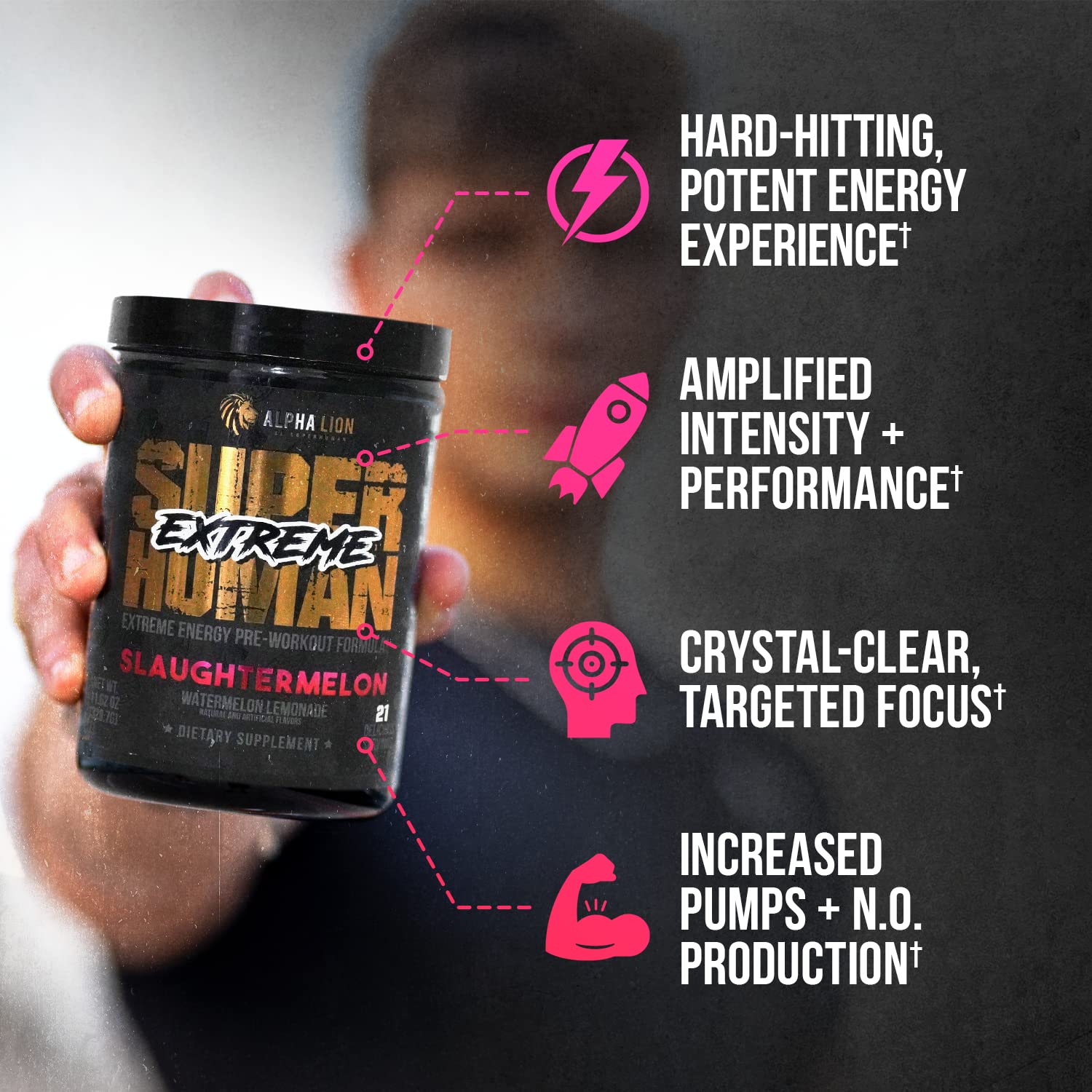 ALPHA LION Superhuman Extreme High Stim Pre Workout Powder, Beta Alanine, L-Taurine & 356mg Tri-Source Caffeine for Sustained Energy, Nitric Oxide & Citrulline for Pump (21 Servings, Slaughtermelon) ALPHA LION uk supplements