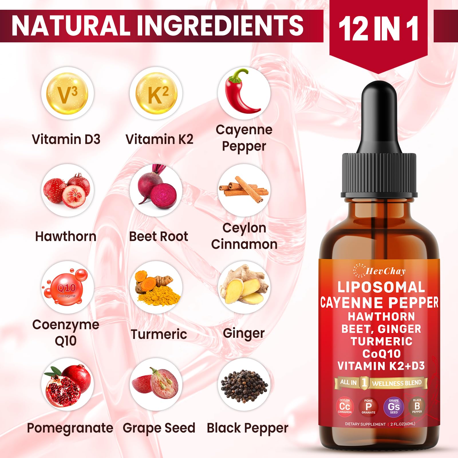 Cayenne Pepper Drops Liposomal Supplement Liquid + Hawthorn Berry, Vitamin D3 K2 Beet Root Powder, Ceylon Cinnamon, CoQ10, Turmeric Curcumin, Cayenne Pepper Extract - 2oz HevChay uk supplements