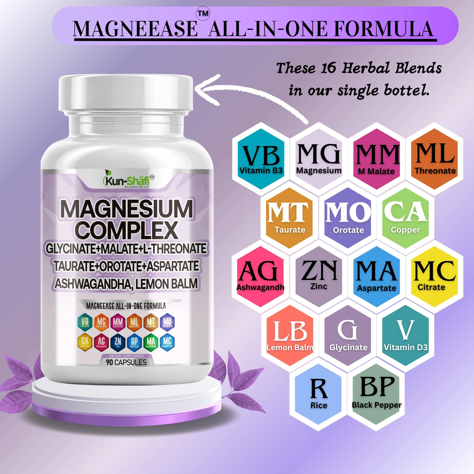 Kun Shafi Magnesium Complex with Magnesium Glycinate Malate, L-Threonate, Taurate, Orotate, Zinc,Aspartate, Copper Manganese & Vitamin D3 B6 Complex - 1Pack Kun Shafi uk supplements