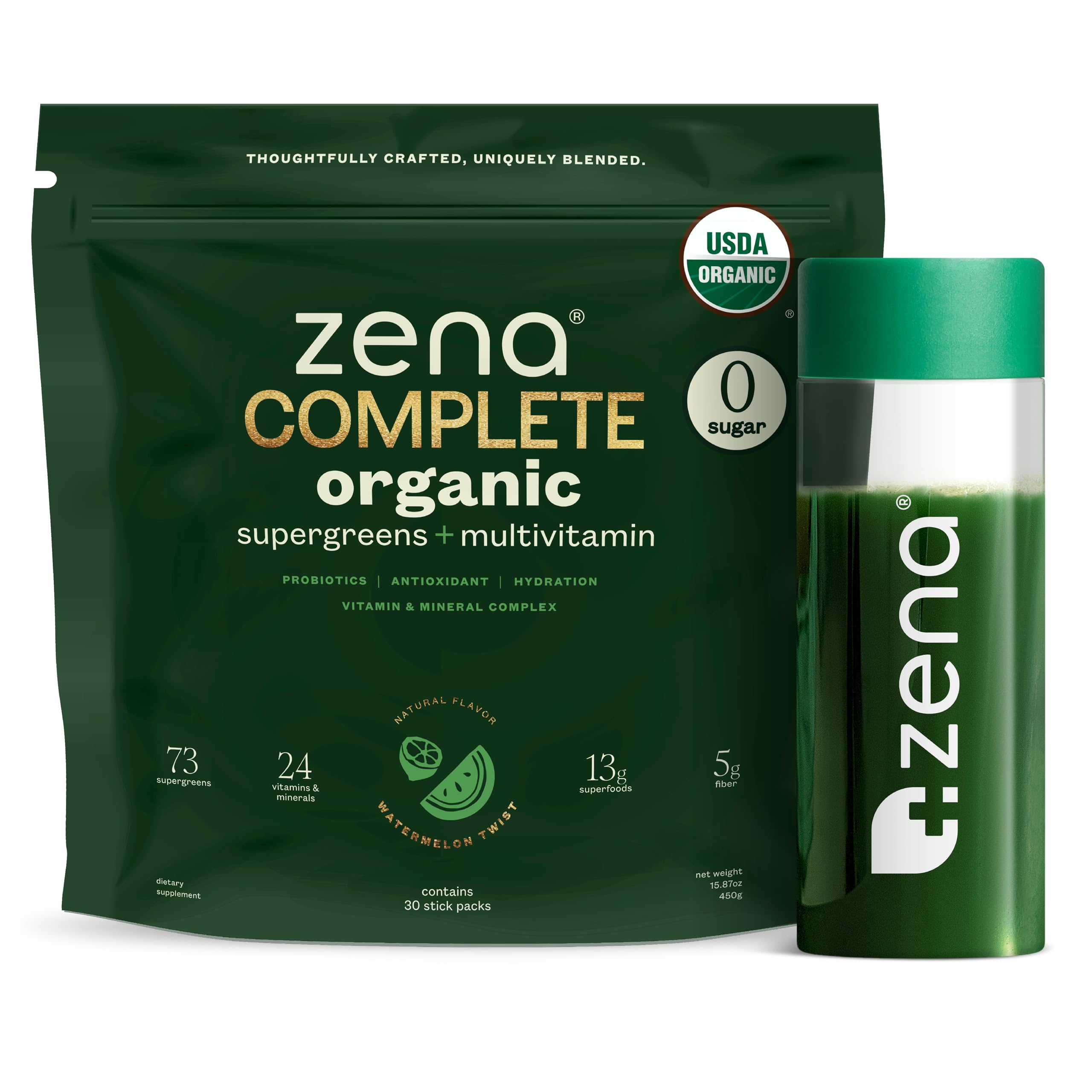 Zena Complete Organic Super Greens Powder & Multivitamin, 90+ Supergreens, Fruits, Veggies, Pre & Probiotics, Watermelon Citrus Flavor Zena Nutrition uk supplements