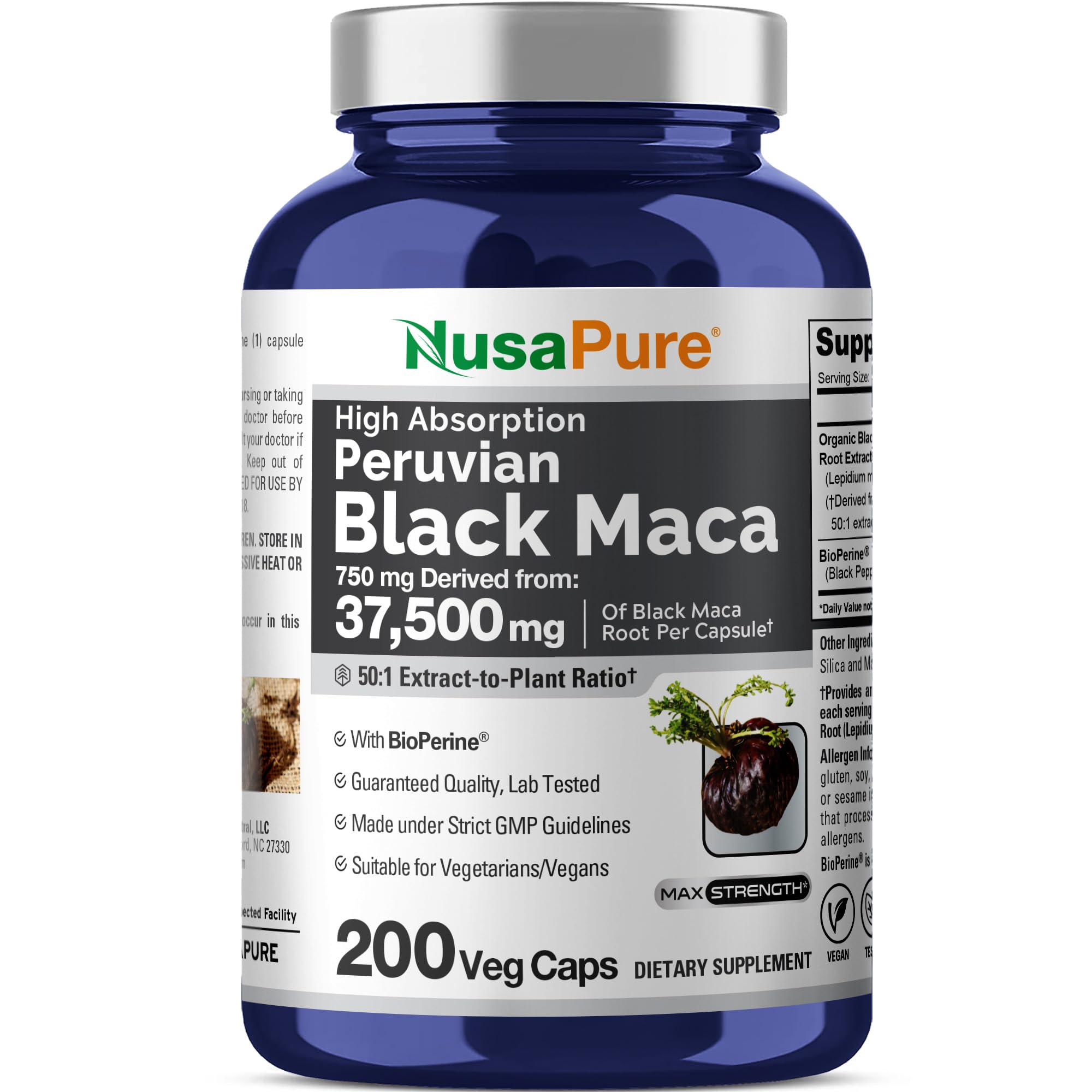 NusaPure Peruvian Black Maca Root Extract 50:1 - Suitable for Vegetarian/Vegan, Non - GMO - 37500 mg - 200 Capsules NusaPure uk supplements