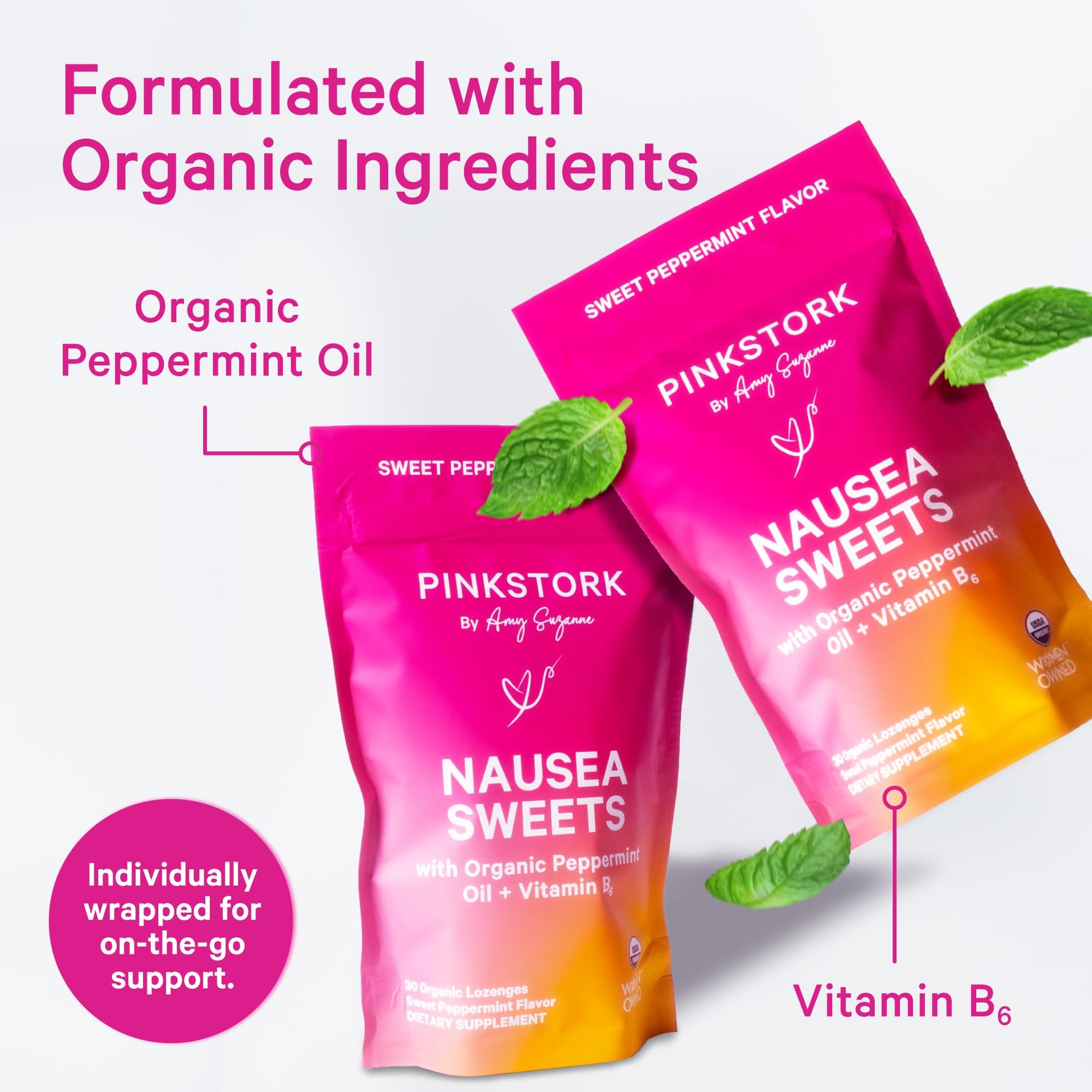 Pink Stork Mood and Stomach Relief Bundle - Magnesium Glycinate and Organic Peppermint Sweets for Morning Sickness and Motion Sickness, Mood Support Pink Stork uk supplements
