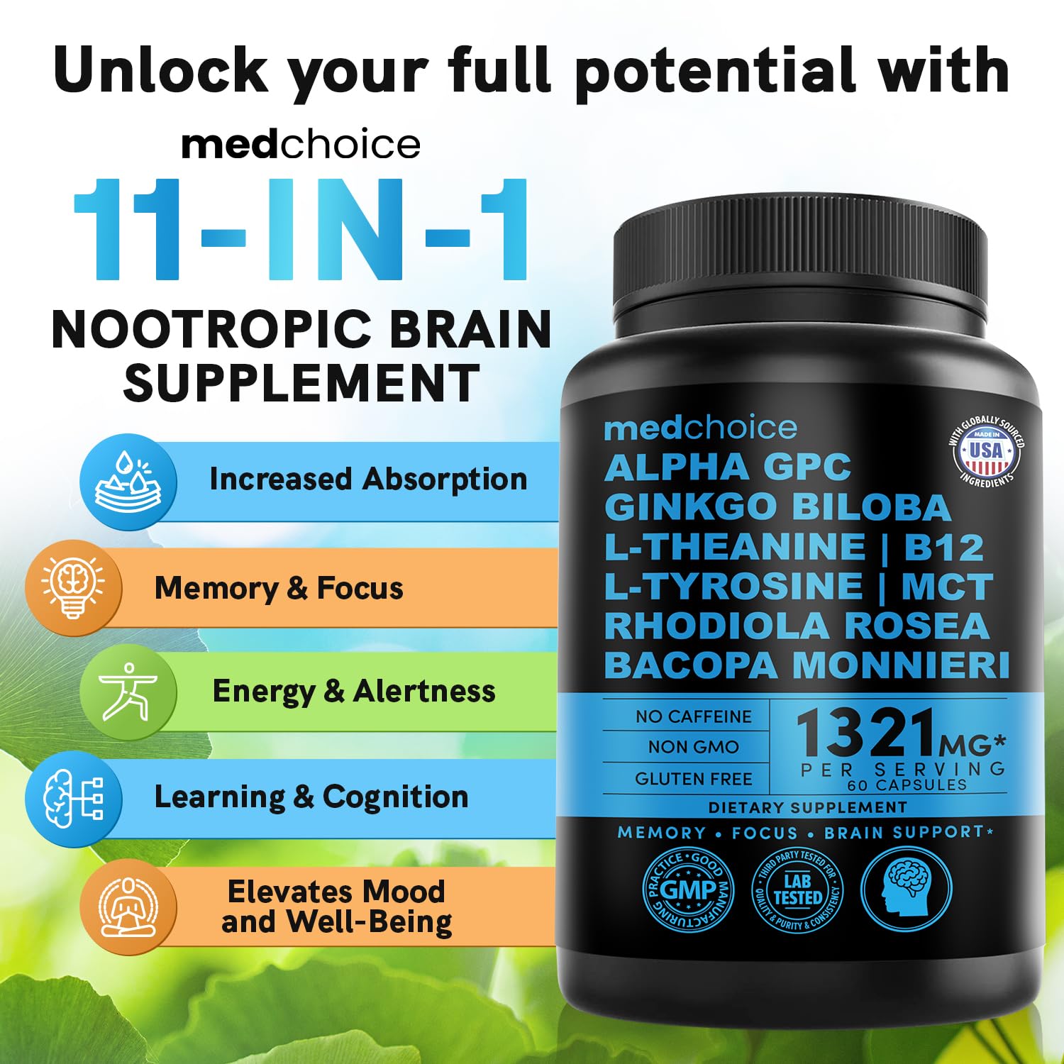 12-in-1 Nootropic Brain Supplement Anhydrous: Ginkgo Biloba for Brain Support, Memory and Focus - B12, Alpha GPC, L Theanine and Choline Supplements with Bioperine Non Caffeinated 1321mg (60ct) MEDCHOICE uk supplements