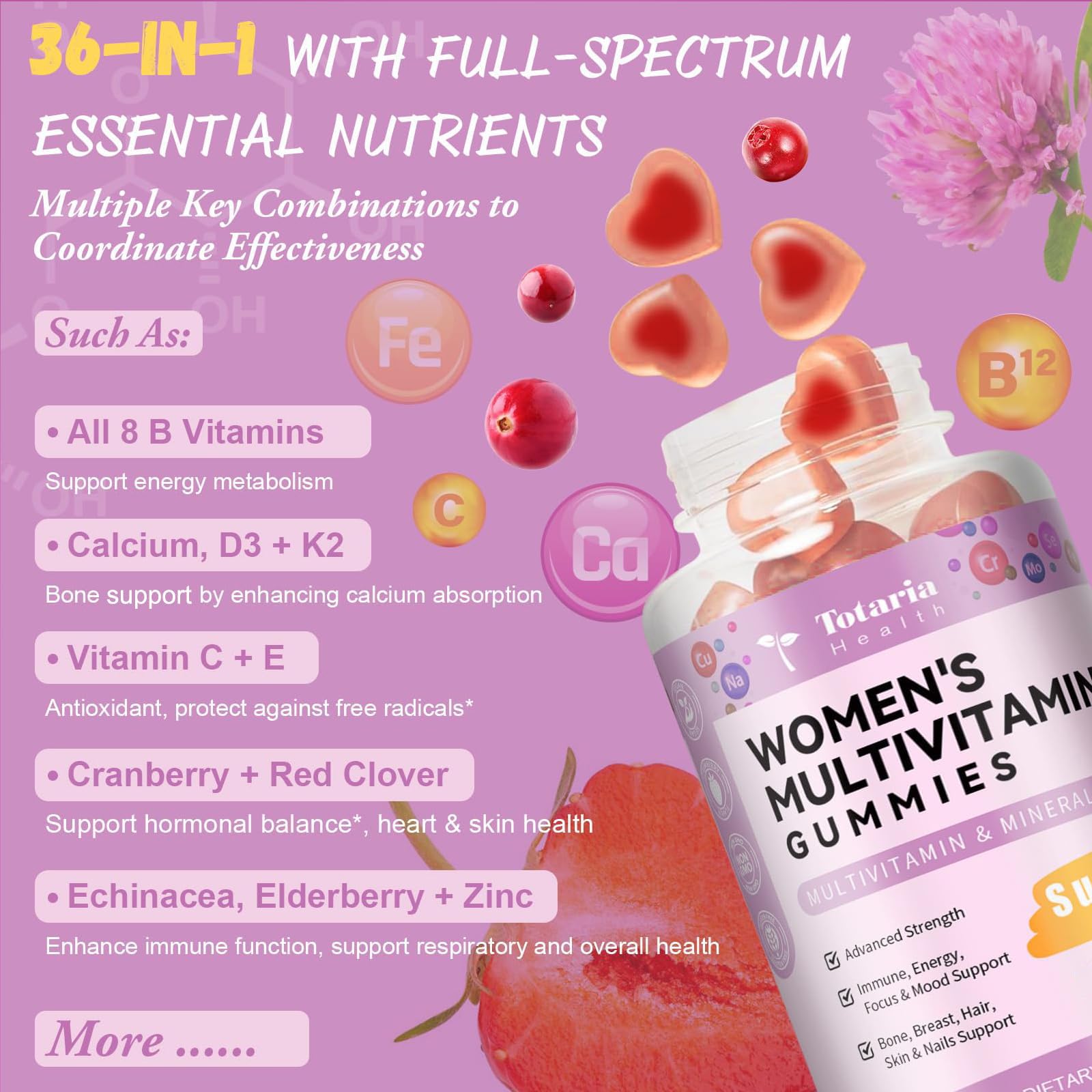 Totaria Sugar Free Multivitamin Gummies for Women 14+ w/Iron, Inositol, Folate, Biotin, Womens Daily Multivitamin Gummy w/Vitamin A, C, B, D3, K2 Totaria uk supplements