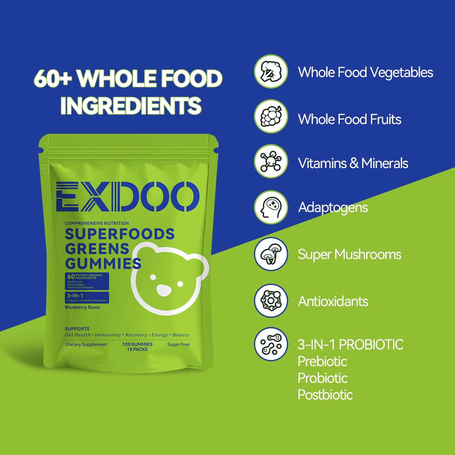 exdoo Super Greens Fiber Gummies Multivitamin Superfood Gummy with Spirulina Chlorella Prebiotic Probiotic Postbiotic for Digestive Health Supplement 15 Packs 120 Gummies exdoo uk supplements