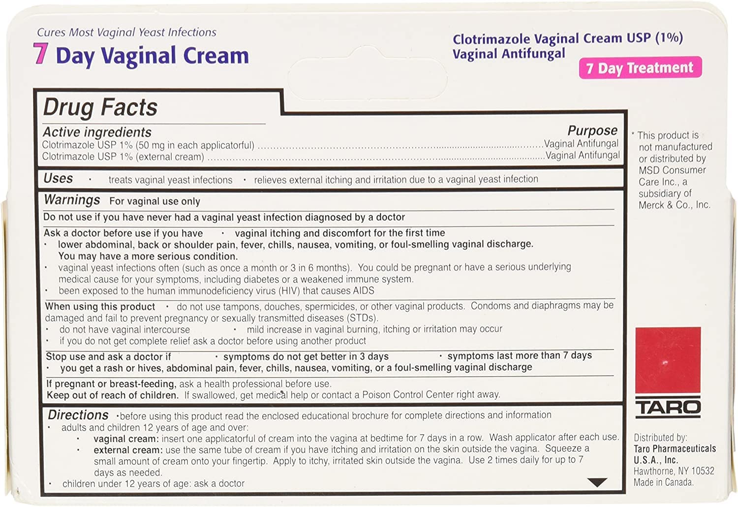 Taro Clotrimazole 7 Vaginal Cream 45 g (Pack of 12) TARO uk supplements