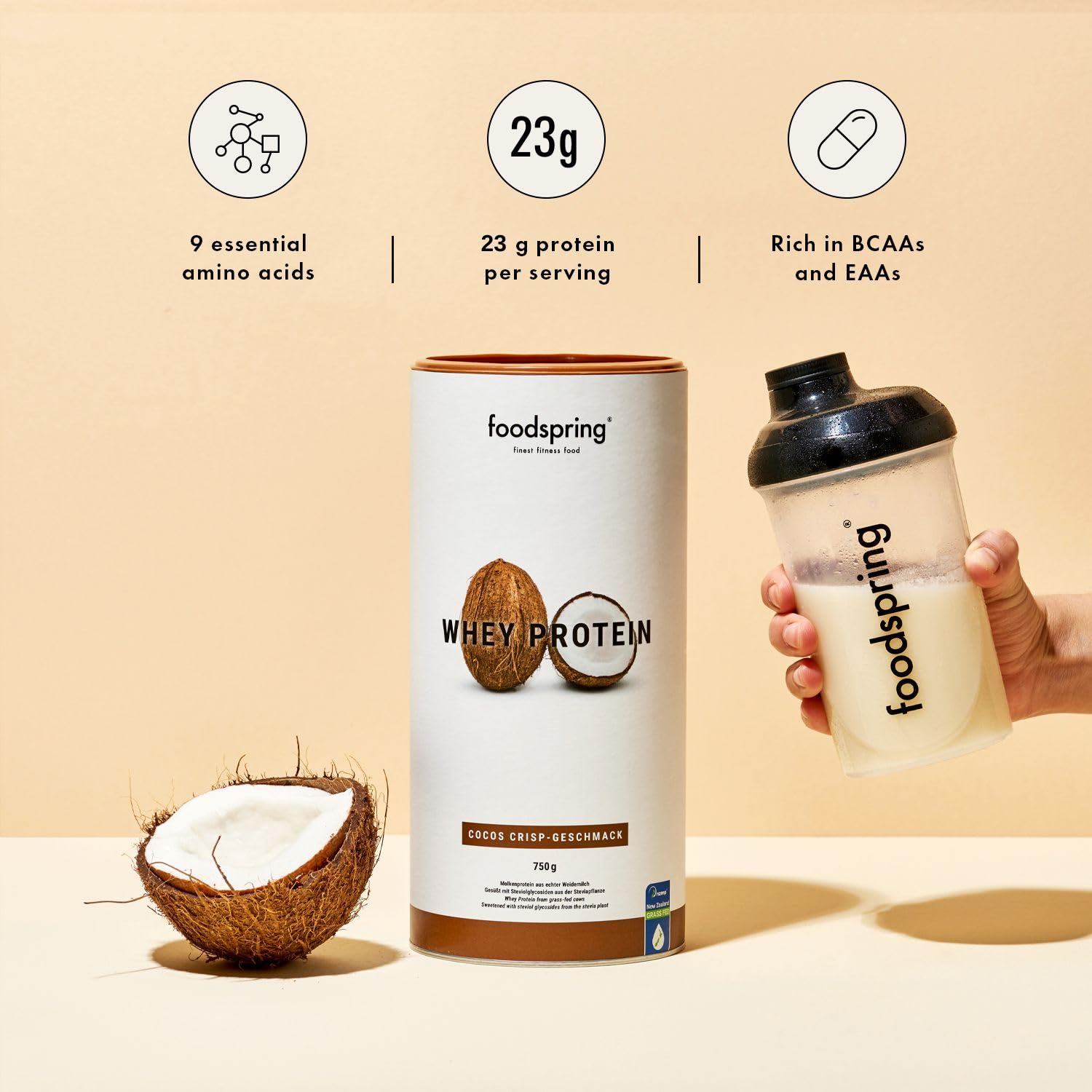 foodspring Whey Protein Powder Coconut – with 23g Protein for Muscle Building, Perfect Solubility, Made from Pasture Milk, Rich in BCAAs & EAAs - 750g foodspring uk supplements