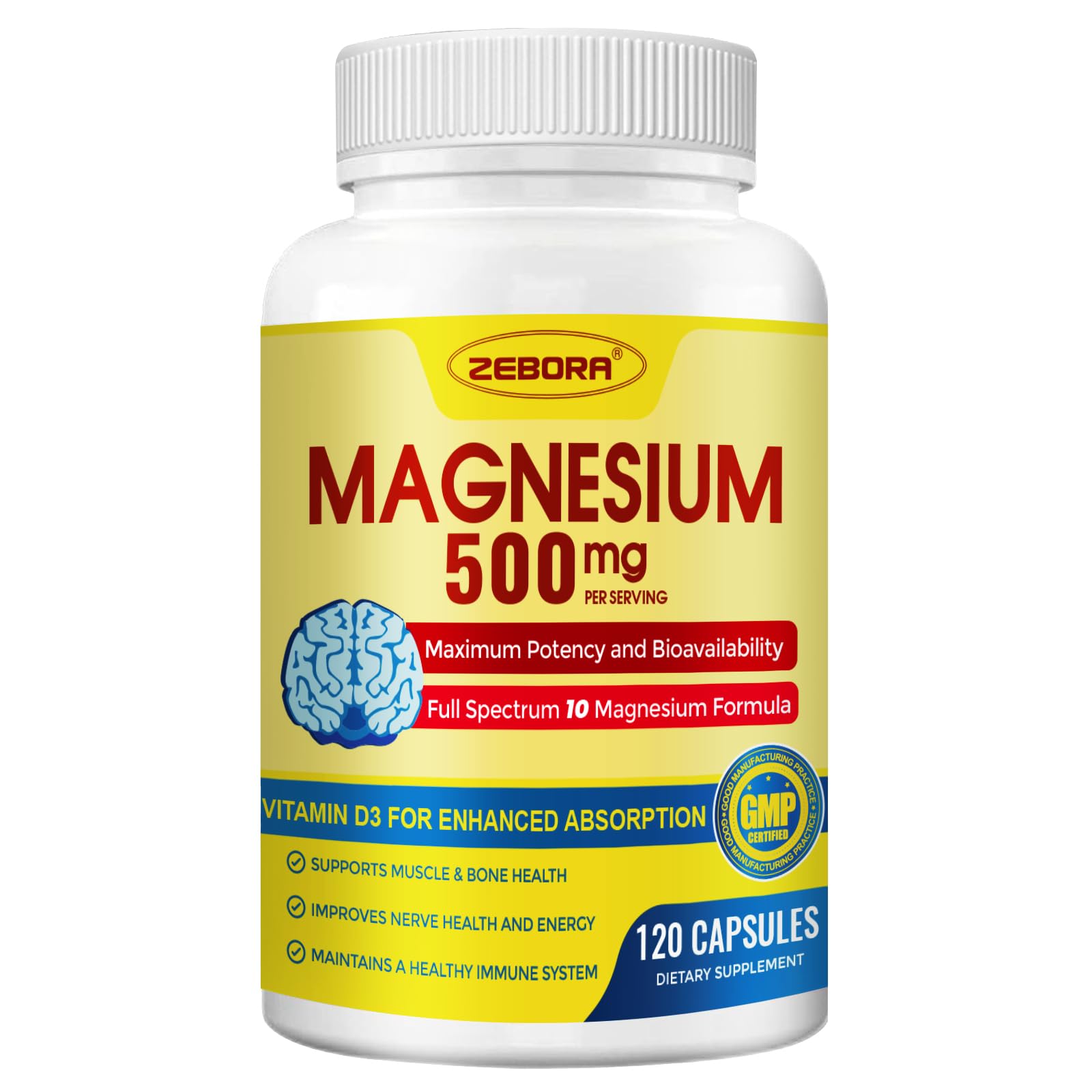10-in-1 Magnesium Complex Supplement, Magnesium Glycinate 500mg with Citrate & Malate, Chelated High Absorption Plus Vitamin D3 & Zinc - for Nerve, Muscle & Bone Support - 120 Capsules ZEBORA uk supplements