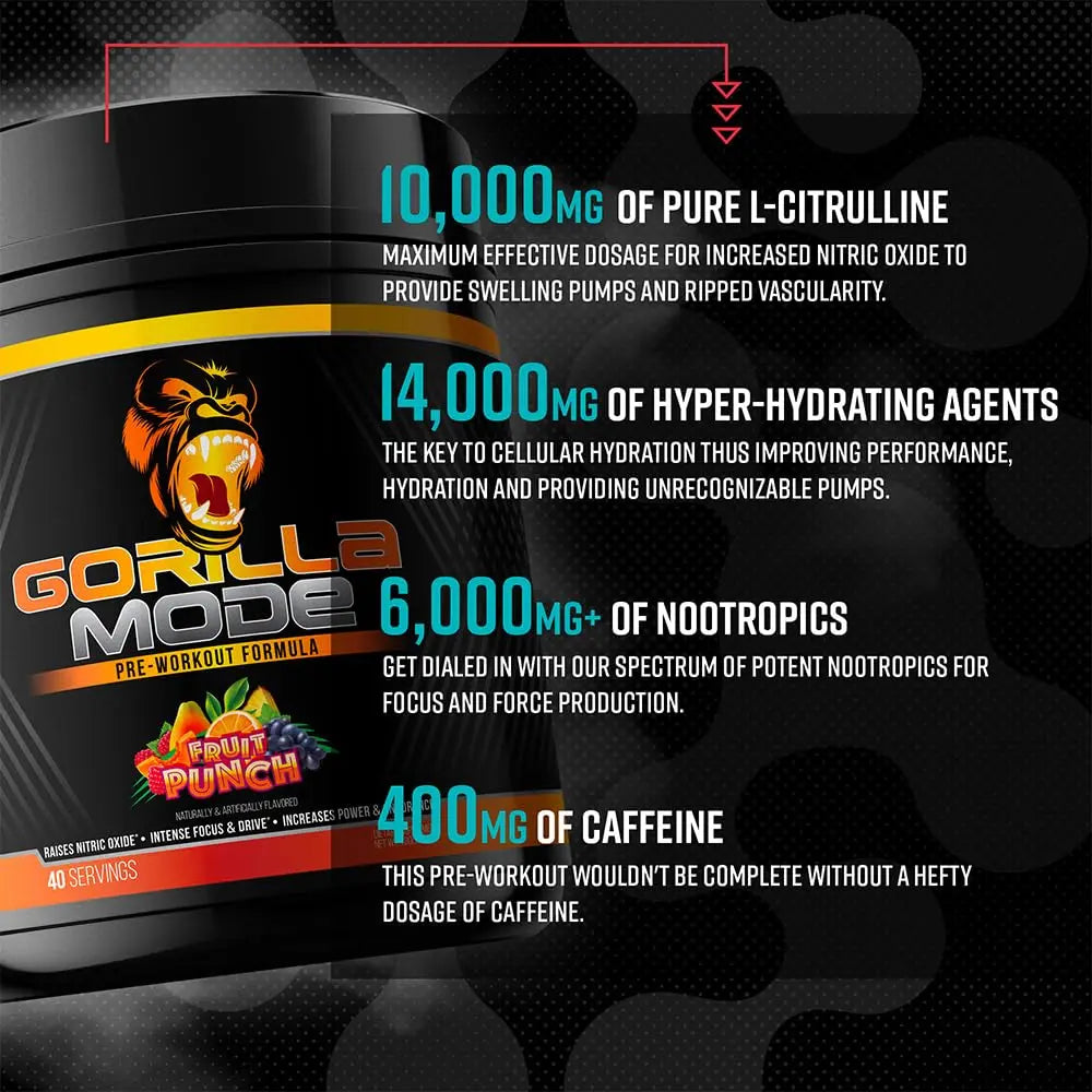 Gorilla Mode Pre Workout - Massive Pumps · Laser Focus · Energy · Power - L-Citrulline, Creatine, L-Tyrosine, Betaine, Hydroprime®, Alpha-GPC, 400mg Caffeine, Huperzine A - 792g (Rocket Frost) Gorilla Mind uk supplements