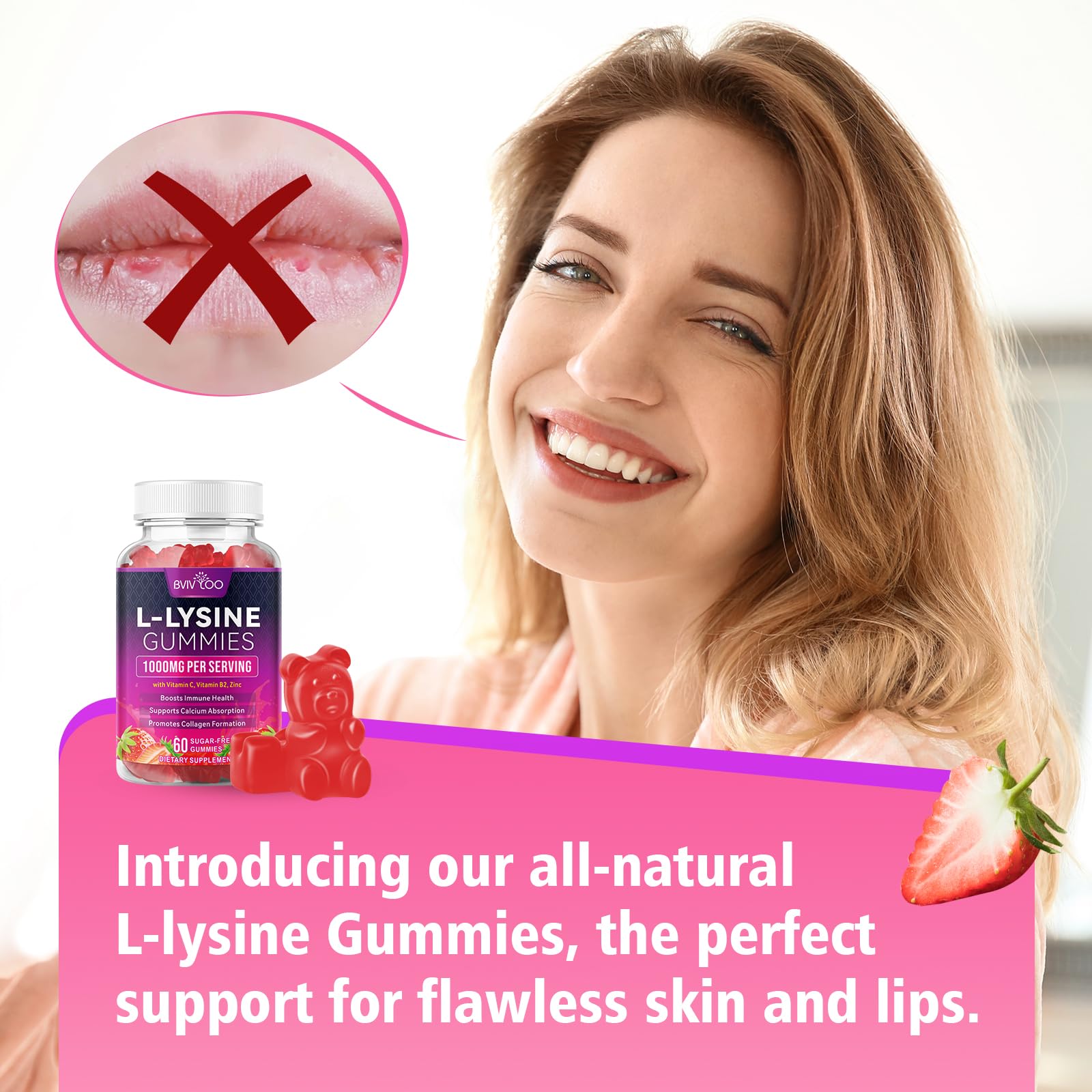 BVIVLOO L-Lysine 1000mg Gummies for Immune Support & Skin Health - High Potency Vegan Gummies, Sugar-Free, Natural Berry Flavor, Gluten-Free Chewable Supplement BVIVLOO uk supplements