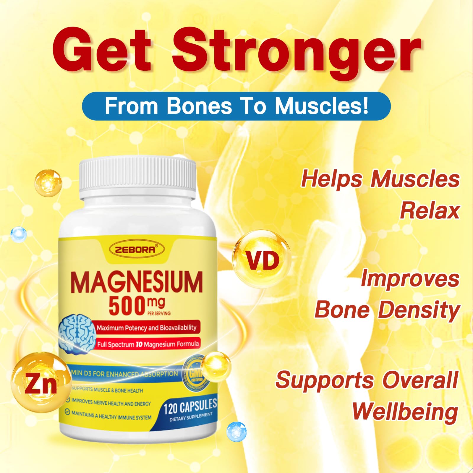 10-in-1 Magnesium Complex Supplement, Magnesium Glycinate 500mg with Citrate & Malate, Chelated High Absorption Plus Vitamin D3 & Zinc - for Nerve, Muscle & Bone Support - 120 Capsules ZEBORA uk supplements
