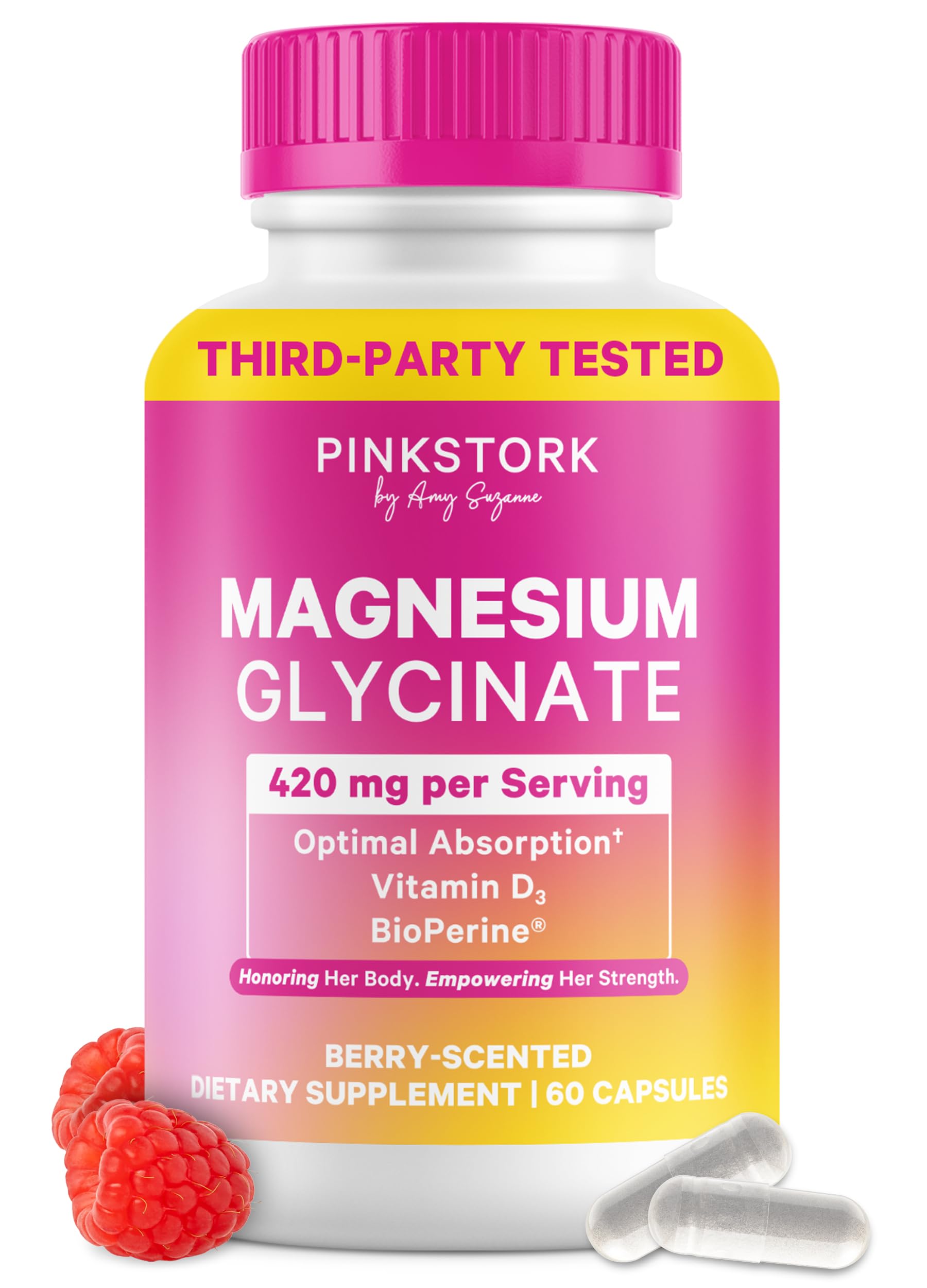 Pink Stork Magnesium Glycinate with Vitamin D - Magnesium Supplement for Women to Support Natural Calm, Mood, and Sleep - Hormone Balance for Women - 60 Capsules, Berry Essence, 1 Month Supply Pink Stork uk supplements