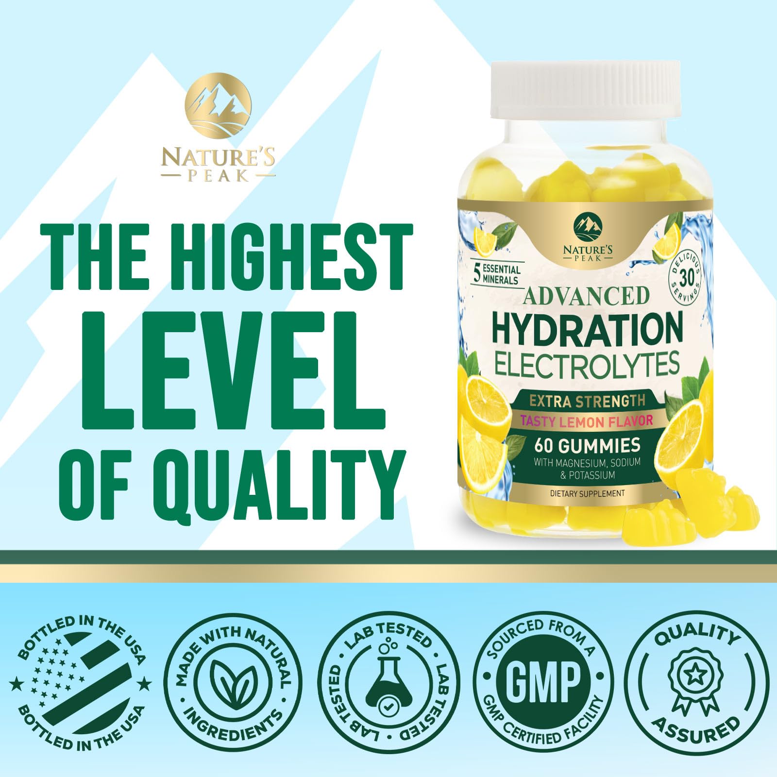 Hydration Electrolyte Gummies - Daily Liquid Replenisher Gummy - Electrolyte Multiplier with Minerals, Potassium & Real Salt - Vegan, Non-GMO - Tasty Lemon Flavor Hydration Electrolytes - 60 Gummies Nature's Peak uk supplements