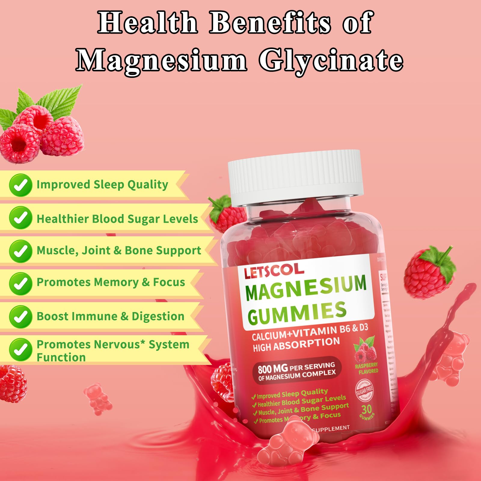 LETSCOL Magnesium Glycinate Gummies 800mg Per Serving, Sugar Free Magnesium Supplement with Magnesium Malate, Calcium, Vitamin D3, B6, CoQ10 for Calm Support & Zzz for Adults Kids LETSCOL uk supplements