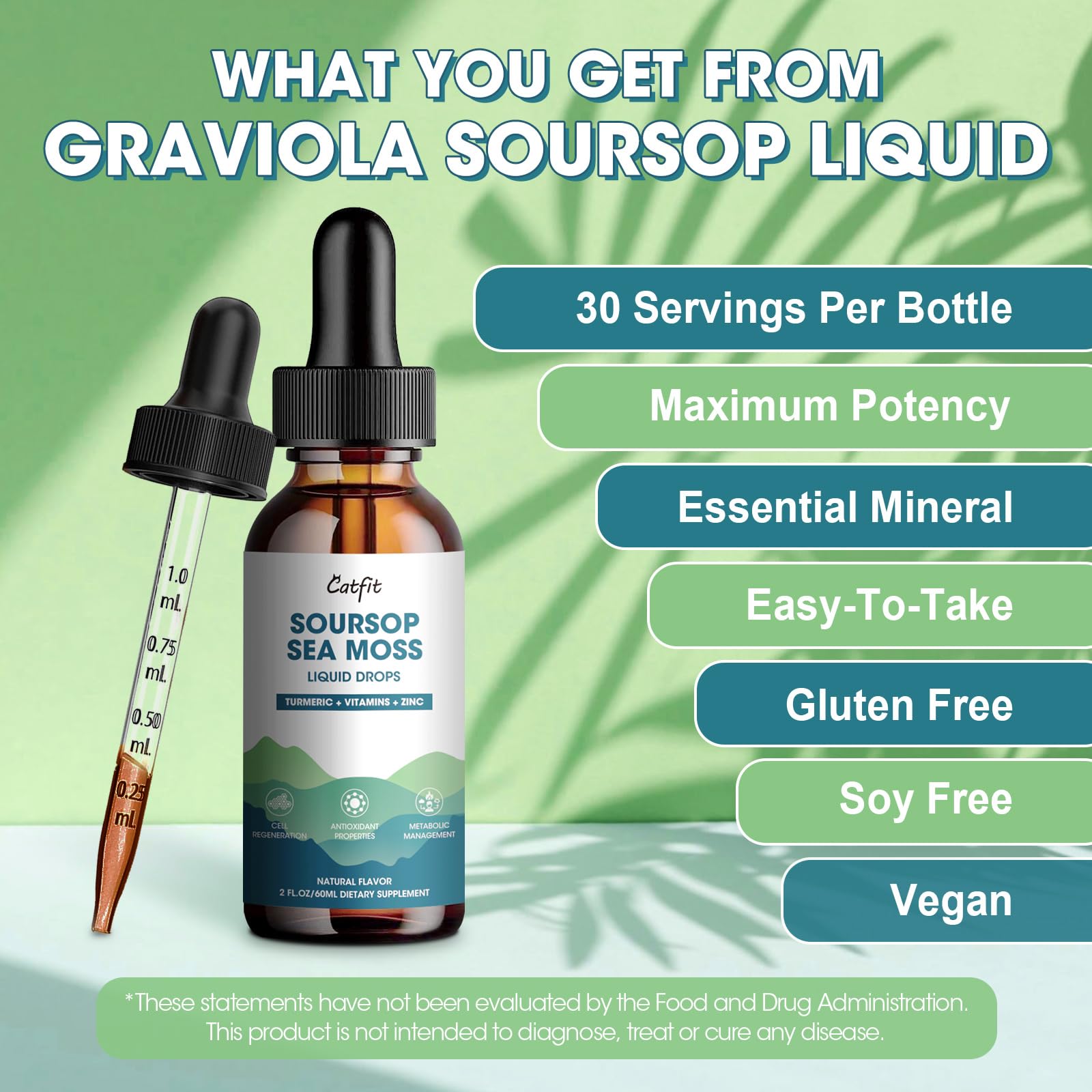 Catfit Soursop Graviola Liquid Drop – Soursop Drops for Cell Support, Antioxidant, Relaxation & Immune Boost with Sea Moss, Turmeric, Black Pepper, B6 C, Zinc, Sugar Free, Gluten Free, Vegan, 2 Fl Oz Catfit uk supplements