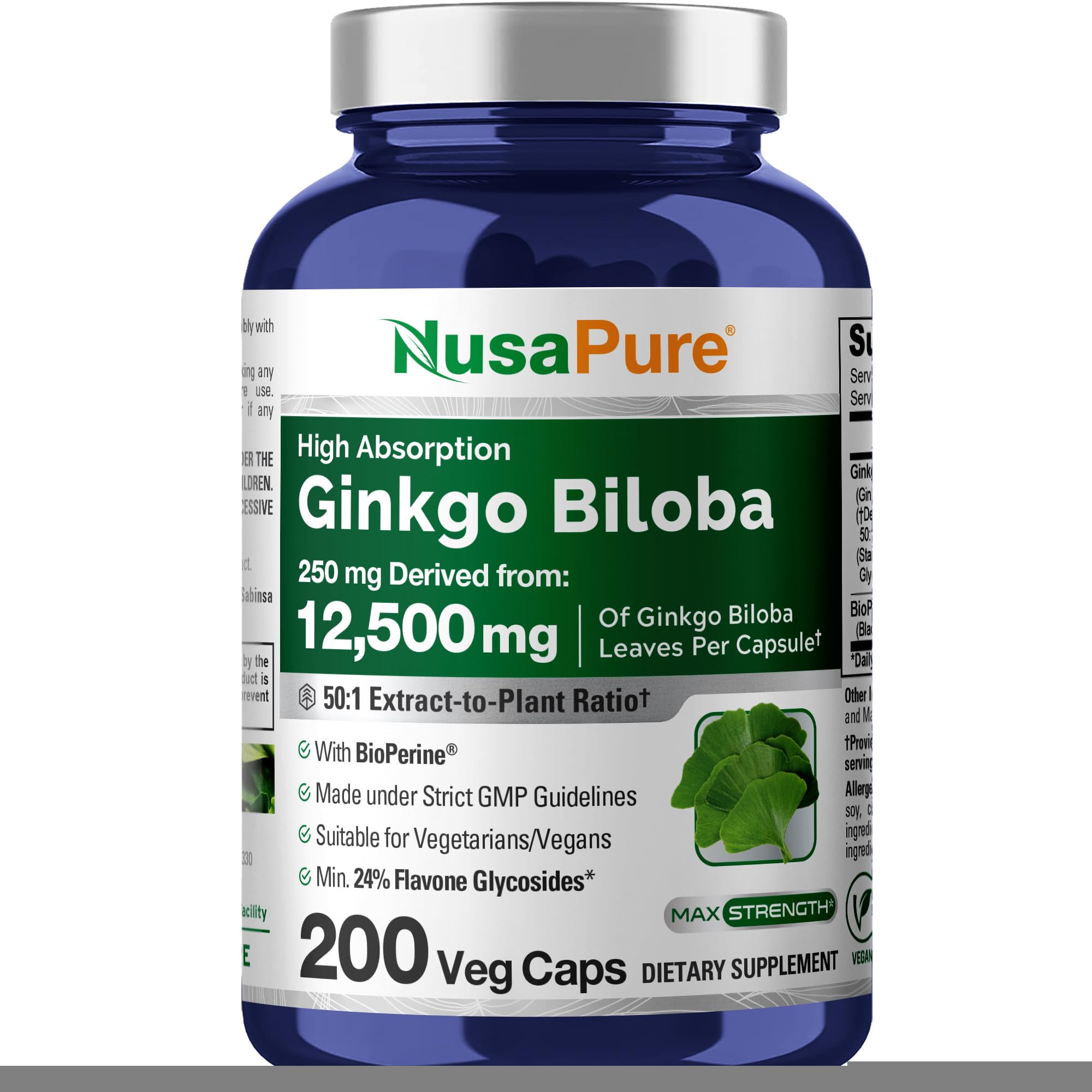 NusaPure Ginkgo Biloba 50:1 Extract, 250 mg Equivalent to 12,500 mg per Veggie Caps 200 Capsules (Vegetarian, Non-GMO, Vegan) Bioperine NusaPure uk supplements