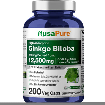NusaPure Ginkgo Biloba 50:1 Extract, 250 mg Equivalent to 12,500 mg per Veggie Caps 200 Capsules (Vegetarian, Non-GMO, Vegan) Bioperine NusaPure uk supplements