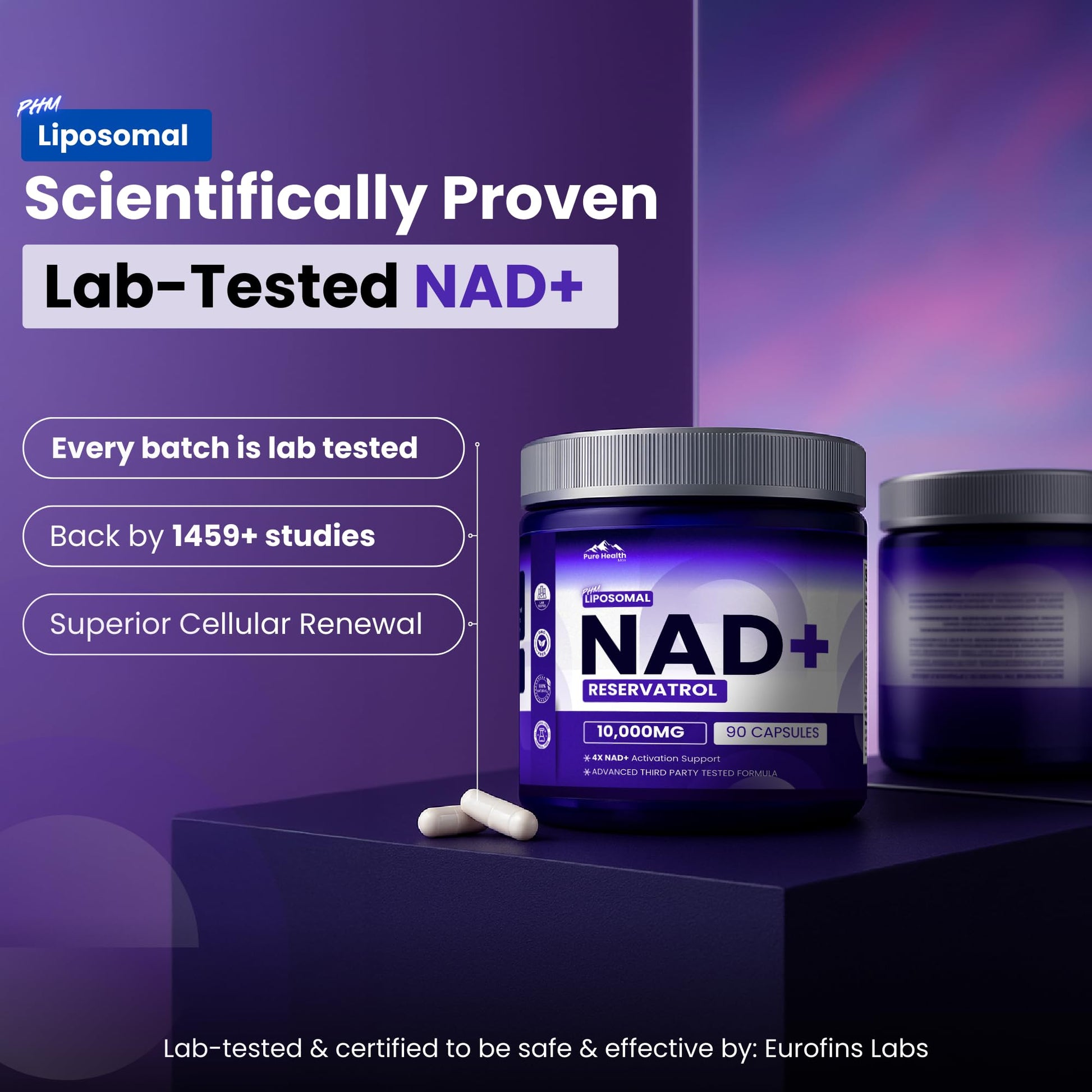 PURE HEALTH MAX PHM NAD Resveratrol Supplement - 10,000MG Extra Strength | NAD+ Liposomal Supplements for Men and Women | NMN & NMNH Alternative | 90 Capsules, 1.5 Months Supply PURE HEALTH MAX uk supplements
