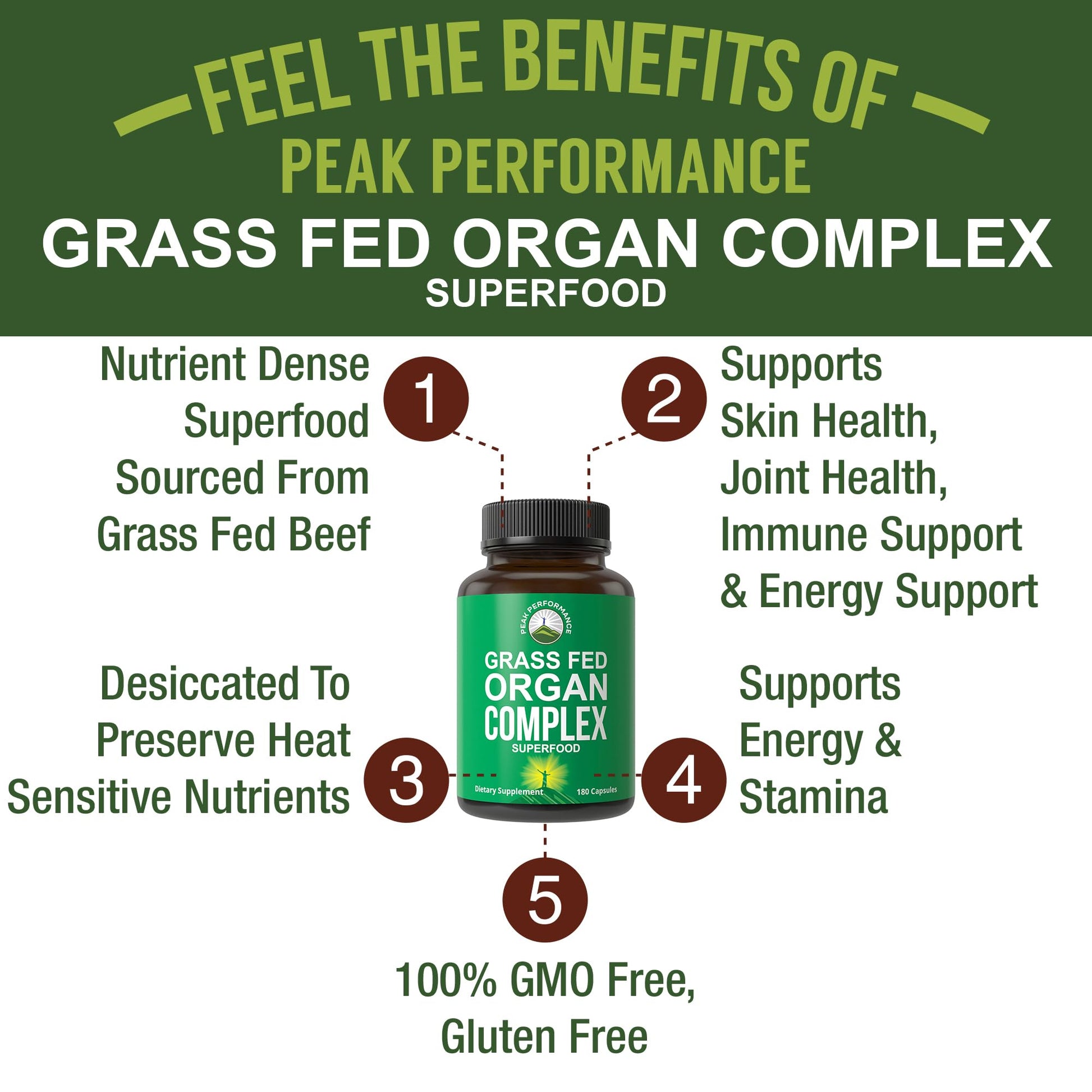 Peak Performance Grass Fed Beef Organ Complex from New Zealand (180 Capsules) Desiccated Organs Superfood Pills. GrassFed Beef Liver Capsules with Heart, Kidney, Pancreas, Spleen. Supplement Peak Performance uk supplements