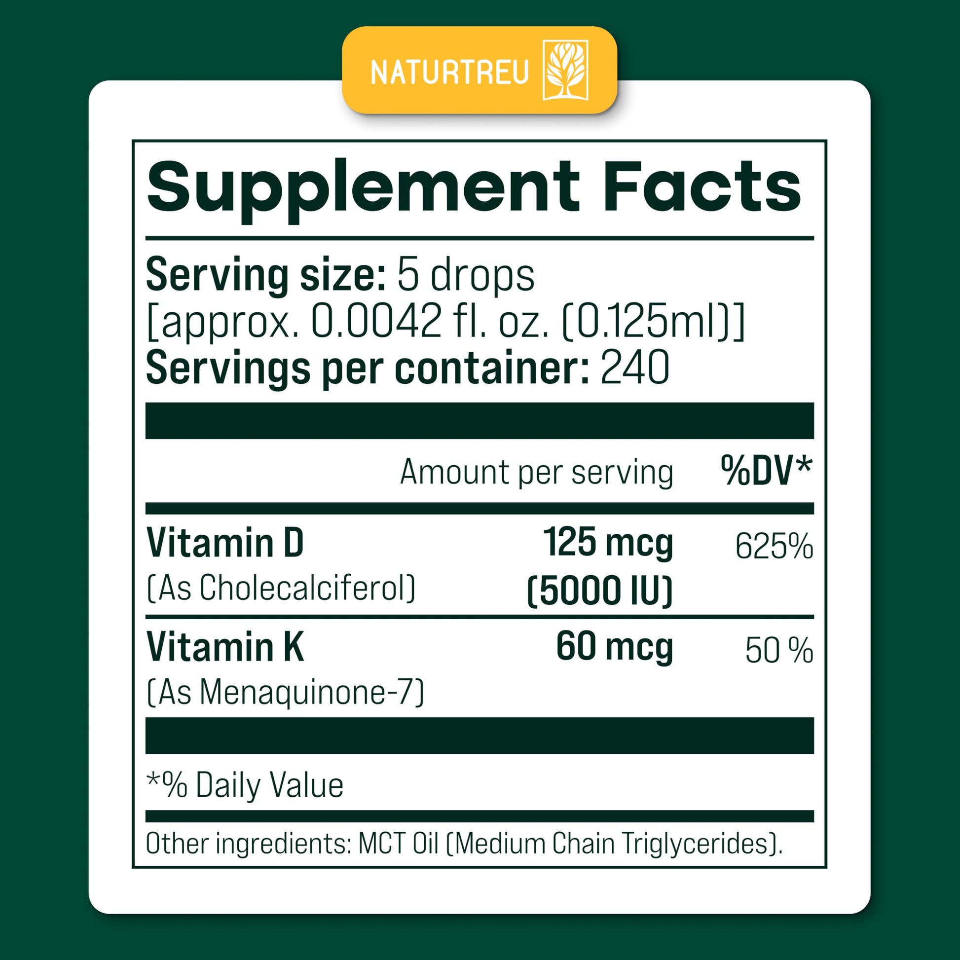 NATURTREU Vegan Vitamin D3 K2 Liquid Drops with MCT Oil for Adults (240 Servings) - Liquid Vitamin D K2 MK7 - All Natural, Non-GMO & Dr Formulated with 3X More Absorption - Third-Party Tested NATURTREU uk supplements