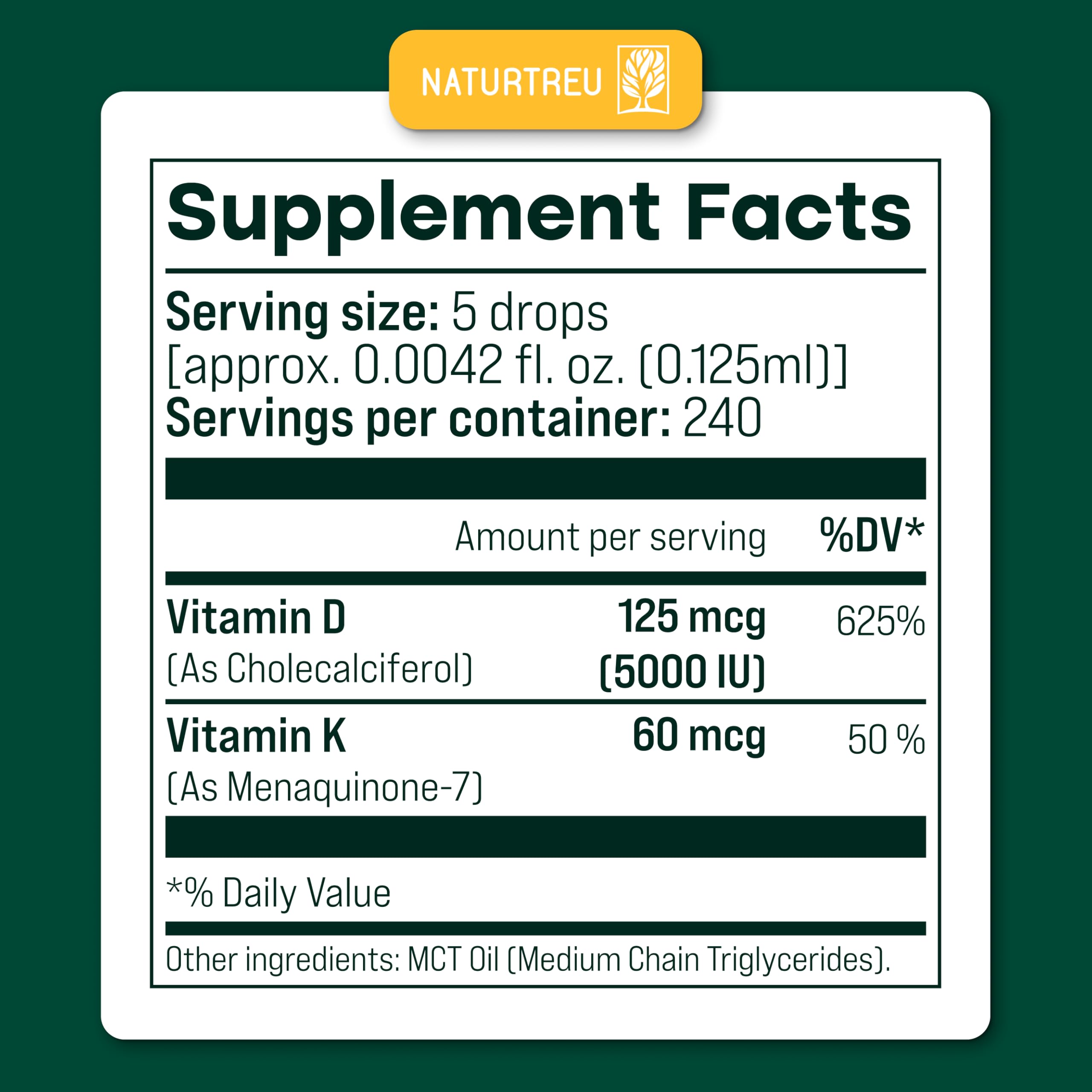 NATURTREU Vegan Vitamin D3 K2 Liquid Drops with MCT Oil for Adults (240 Servings) - Liquid Vitamin D K2 MK7 - All Natural, Non-GMO & Dr Formulated with 3X More Absorption - Third-Party Tested NATURTREU uk supplements