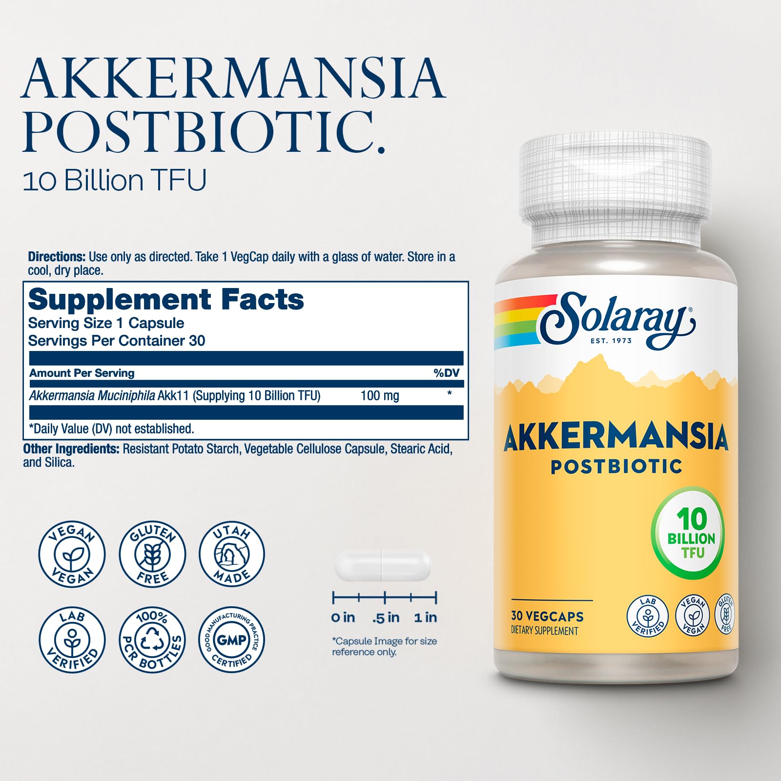 SOLARAY Akkermansia Postbiotic, Akk11, 10 Billion TFU, Beneficial Strain for Gut Health Support, Vegan, Gluten-Free, 60-Day Guarantee, 30 Servings, 30 VegCaps SOLARAY uk supplements