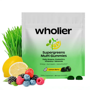 wholier Daily Supergreens Gummies, Greens Supplement with Prebiotics, Fiber, Adaptogens, Vegan Multivitamin, 9 Essential Vitamins + Minerals, 1g Sugar, 2 Gummy Serving (60 Gummies, 30 Day Supply) wholier uk supplements