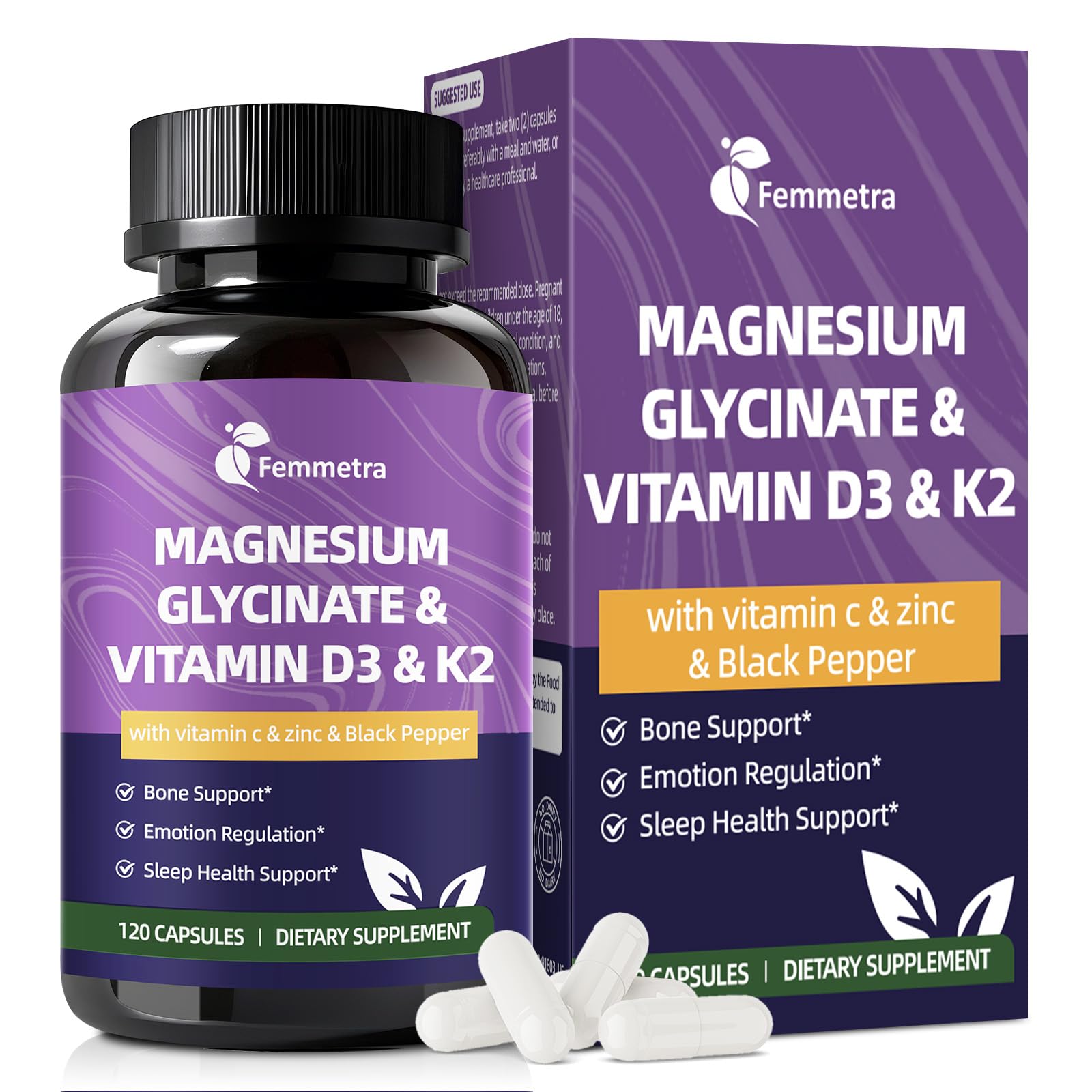 Magnesium Glycinate 600mg Vitamin D3 K2 Supplement with Vitamin C, Zinc, & Aloe Vera - Bone Support, Energy & Mood Manage & Sleep Health for Men & Women, Non-GMO, Vegan, 120 Capsules Femmetra uk supplements