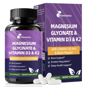 Magnesium Glycinate 600mg Vitamin D3 K2 Supplement with Vitamin C, Zinc, & Aloe Vera - Bone Support, Energy & Mood Manage & Sleep Health for Men & Women, Non-GMO, Vegan, 120 Capsules Femmetra uk supplements