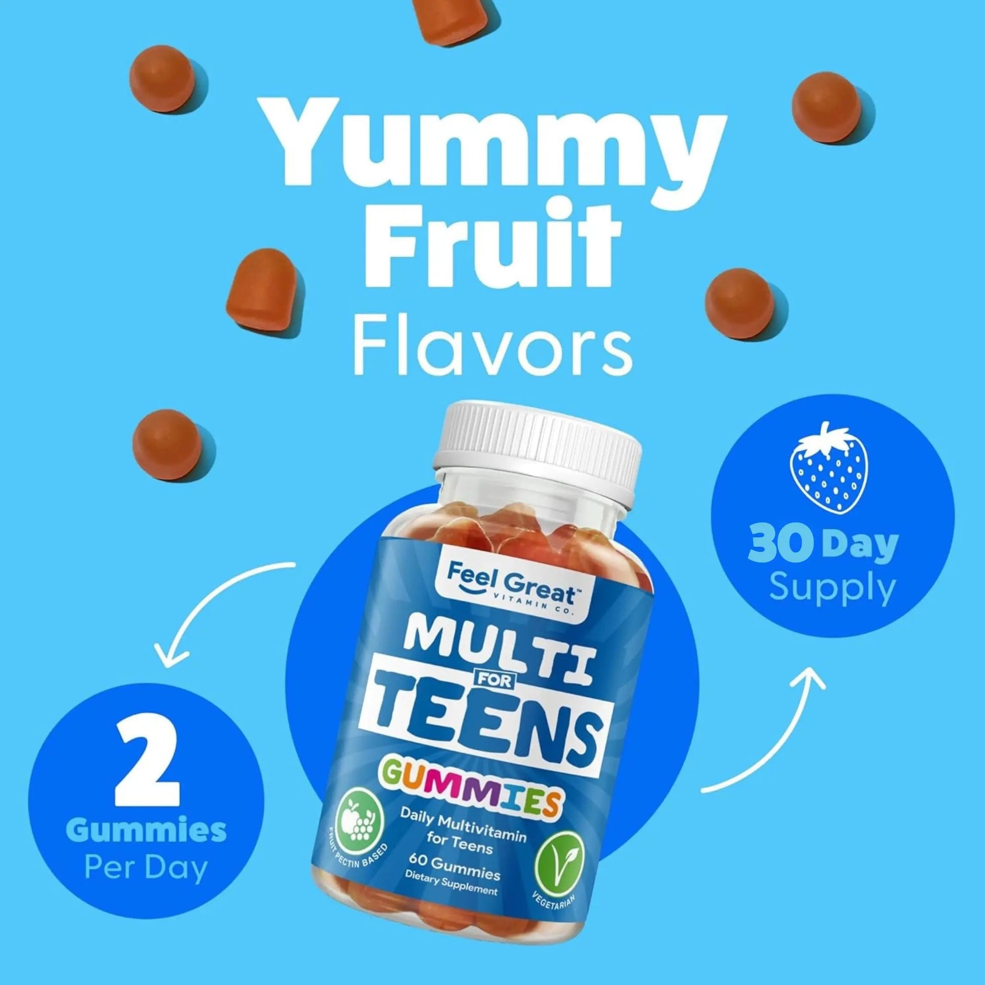 Feel Great Teen Vitamins Multivitamin Gummies | Citrus & Strawberry Flavor for Teen Boys & Girls | for Bone, Muscle & Immune Support | The Feel Great Vitamin Company uk supplements