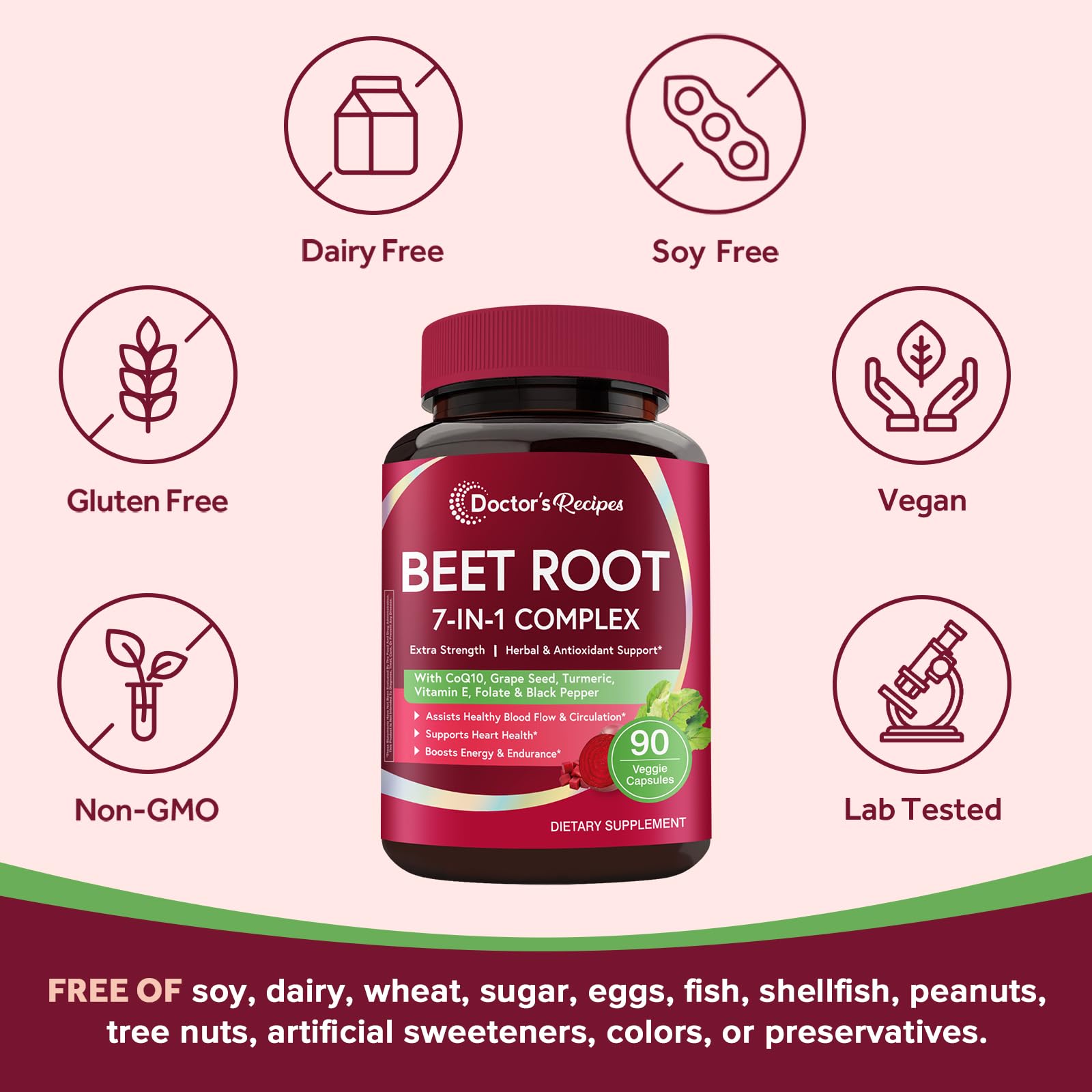 Doctor's Recipes Beet Root Capsules, 20:1 Extract with Grape Seed, CoQ10, Turmeric, Black Pepper for Enhanced Absorption, Supports Heart, Circulation, Energy & Nitric Oxide, Non-GMO, 90 Veg Caps Doctor's Recipes uk supplements