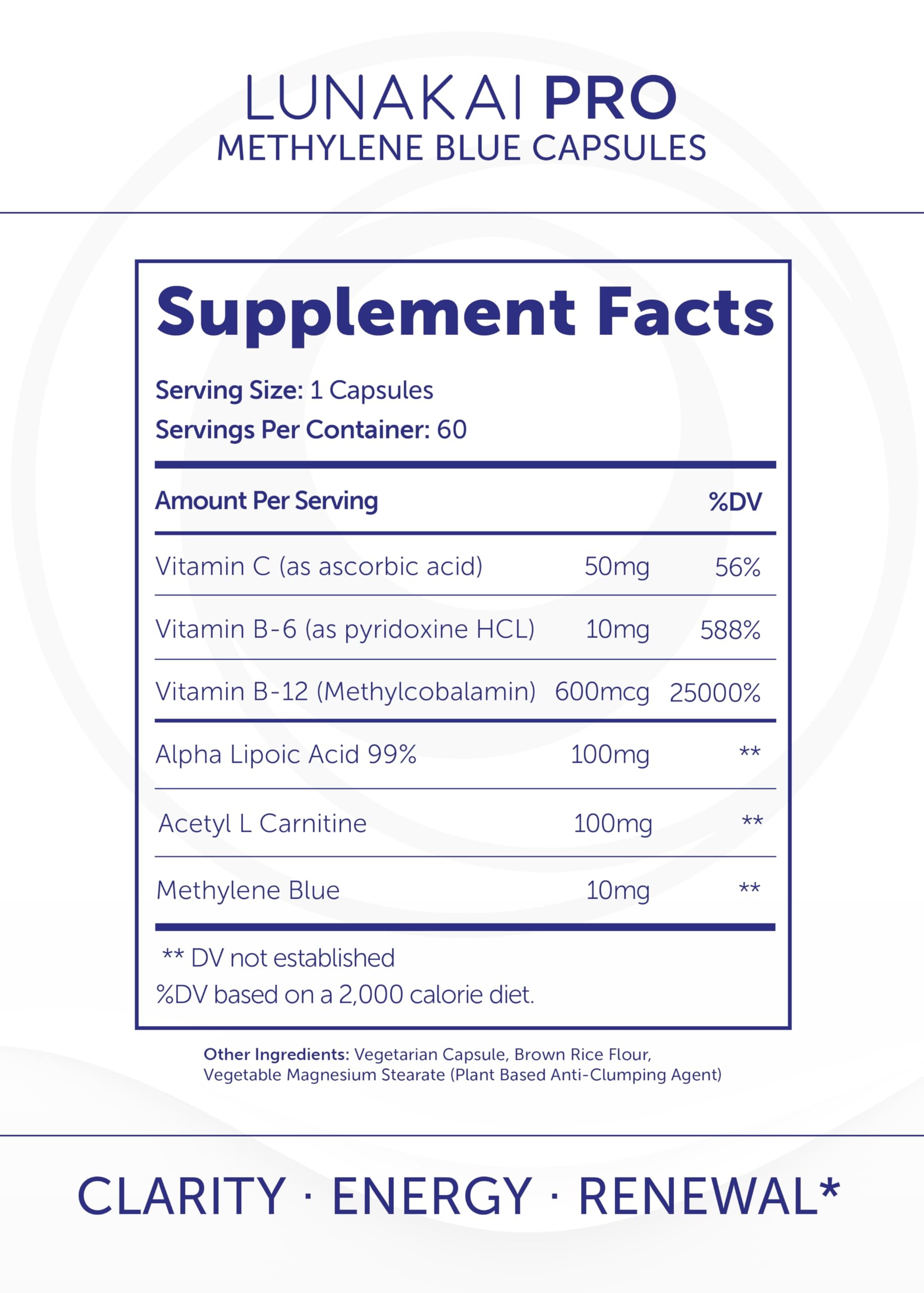 Lunakai PRO USA Made Methylene Blue Capsules Pharmaceutical Grade with Vitamin C, B6, B12 – 3rd-Party Tested Daily Brain & Focus Support Supplement for Humans, 60ct Lunakai uk supplements