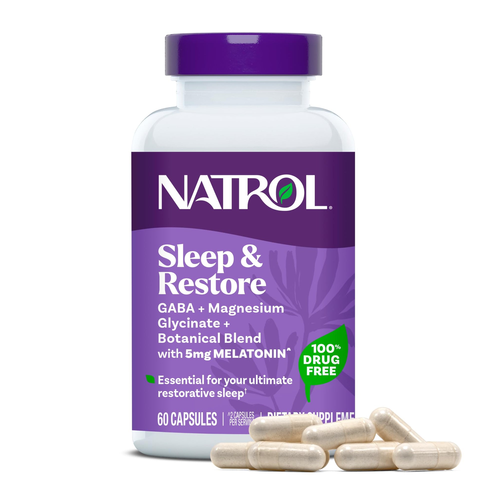 Natrol Sleep & Restore Capsules - Calm Magnesium Glycinate, Magnesium Sleep Aid with GABA, Melatonin 5mg, Botanical Blend, 30 Day Supply Natrol uk supplements