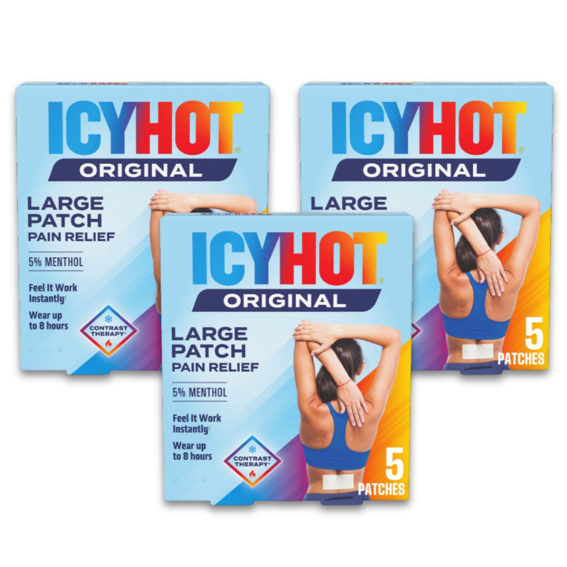 Icy Hot Original Pain Relief Patch, Large Size Comfortable Fabric Patches with Menthol 5%, Ice and Heat Contrast Therapy for Backaches, Joints, Muscle Strains and Arthritis, 5 ct., 3 Pack Icy Hot uk supplements
