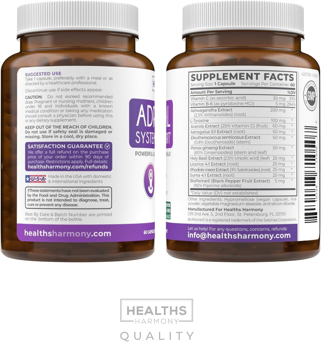 Adrenal System Support & Cortisol Manager (2 Month Supply) Powerful Ashwagandha & L-Tyrosine Fatigue Supplement - Maintain Balanced Cortisol Levels, Health, & Stress Relief - Non-GMO - 60 Capsules Healths Harmony uk supplements